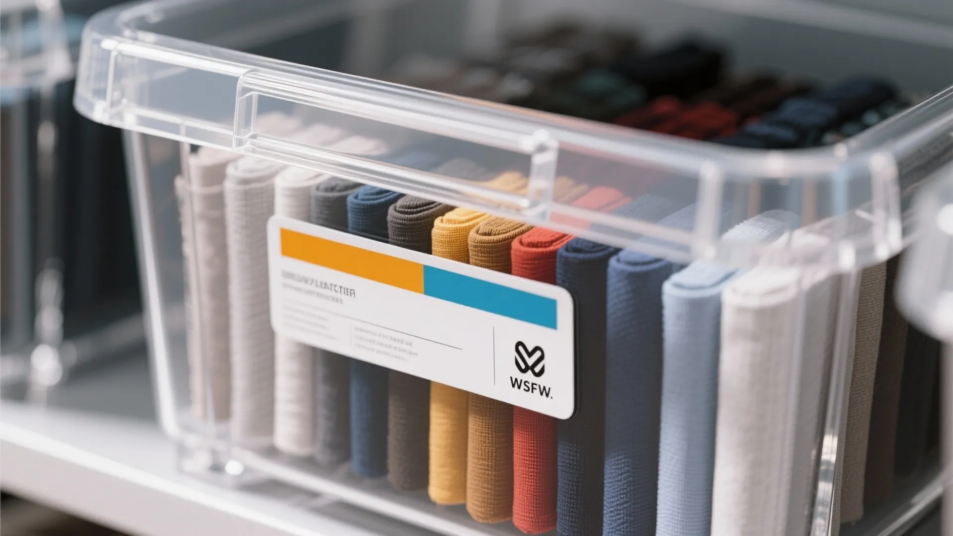 Close up of clear plastic storage bin with colorful folded fabric samples and white label