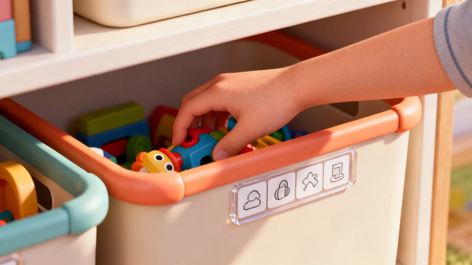 Child placing a toy into a labeled picture bin on a shelf, demonstrating kid-friendly storage.