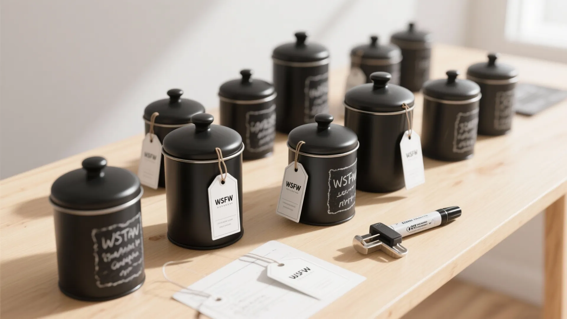 5. Labeled black canisters for organized minimalism
