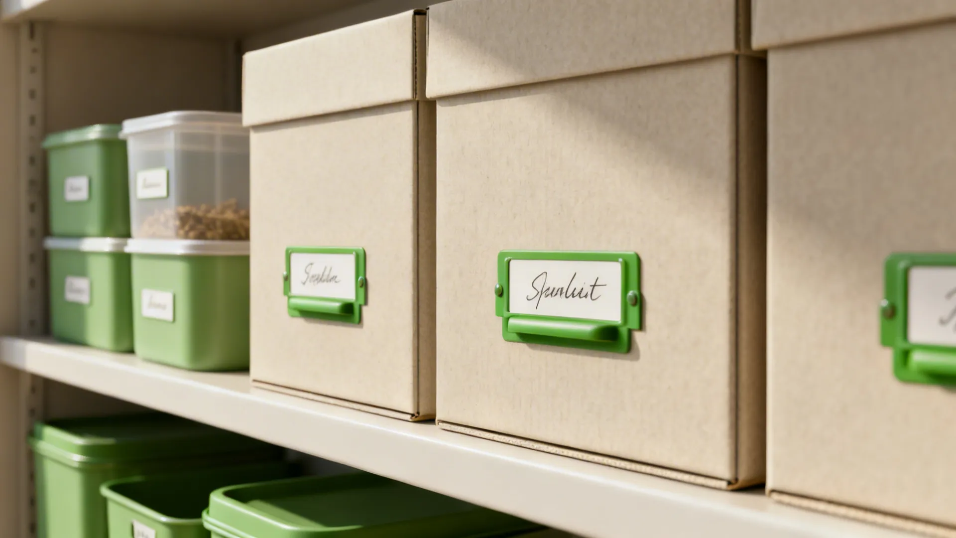 Matching labeled storage boxes and containers on a shelf to reduce visual clutter.