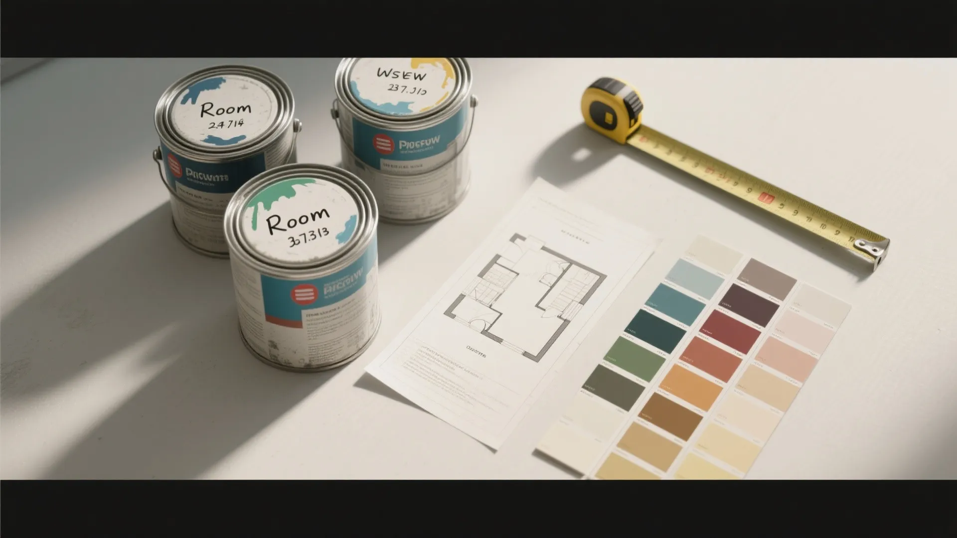 Three labeled paint cans on white surface with measuring tape color swatches and floor plan