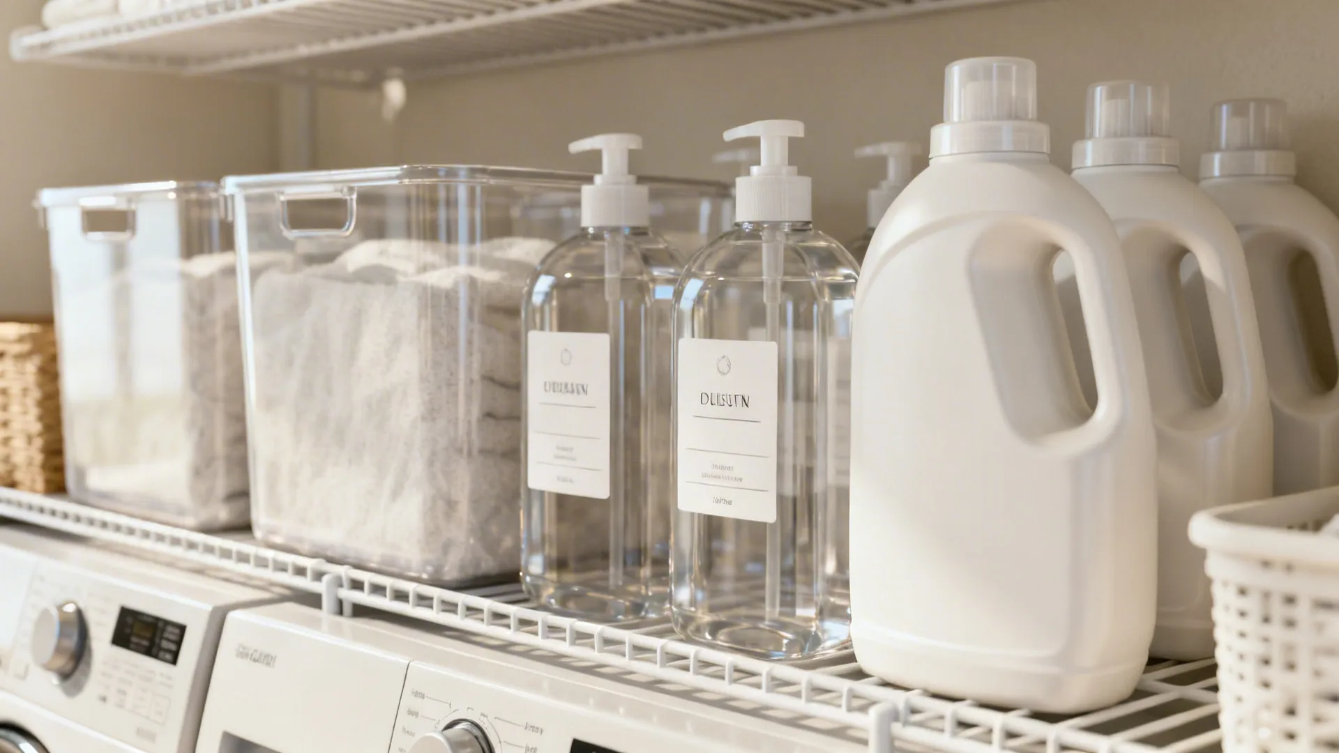 Clear labeled containers and uniform bottles on a laundry shelf for tidy storage