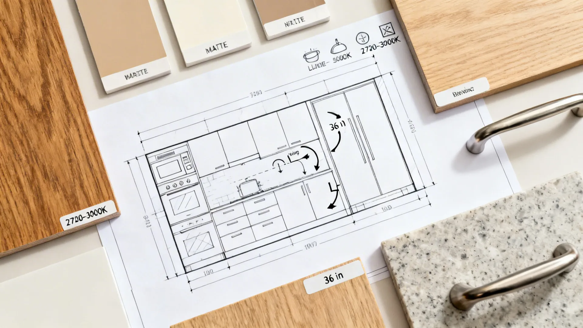 Flat lay of a labeled kitchen plan with symbols, aisle widths, lighting Kelvin notes, and finish samples.