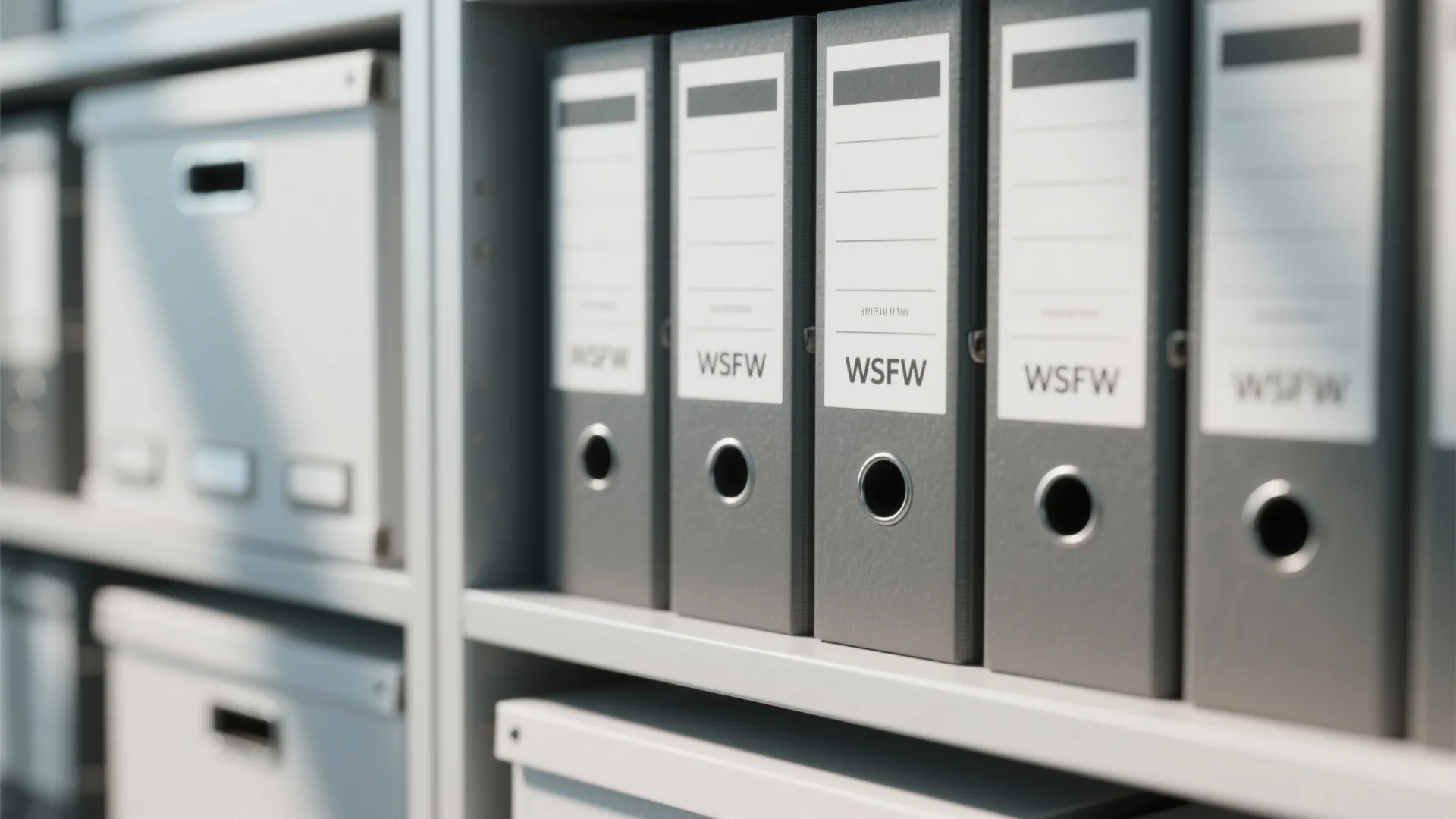 Close up of grey file folders and storage boxes organized on white shelves for office