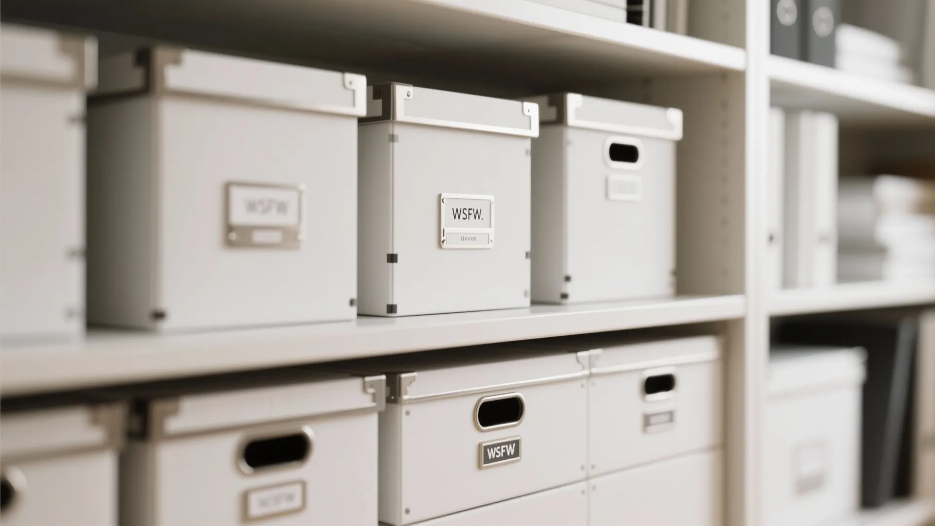 Rows of white storage boxes with labels organized neatly on shelves in a home office