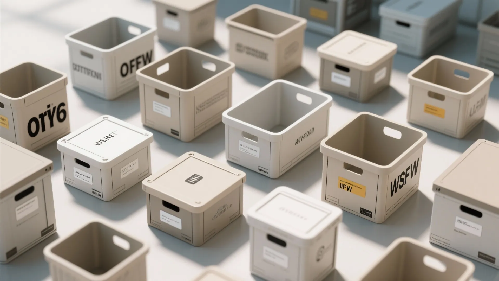 Multiple beige plastic storage boxes with labels and lids arranged neatly on a grey floor