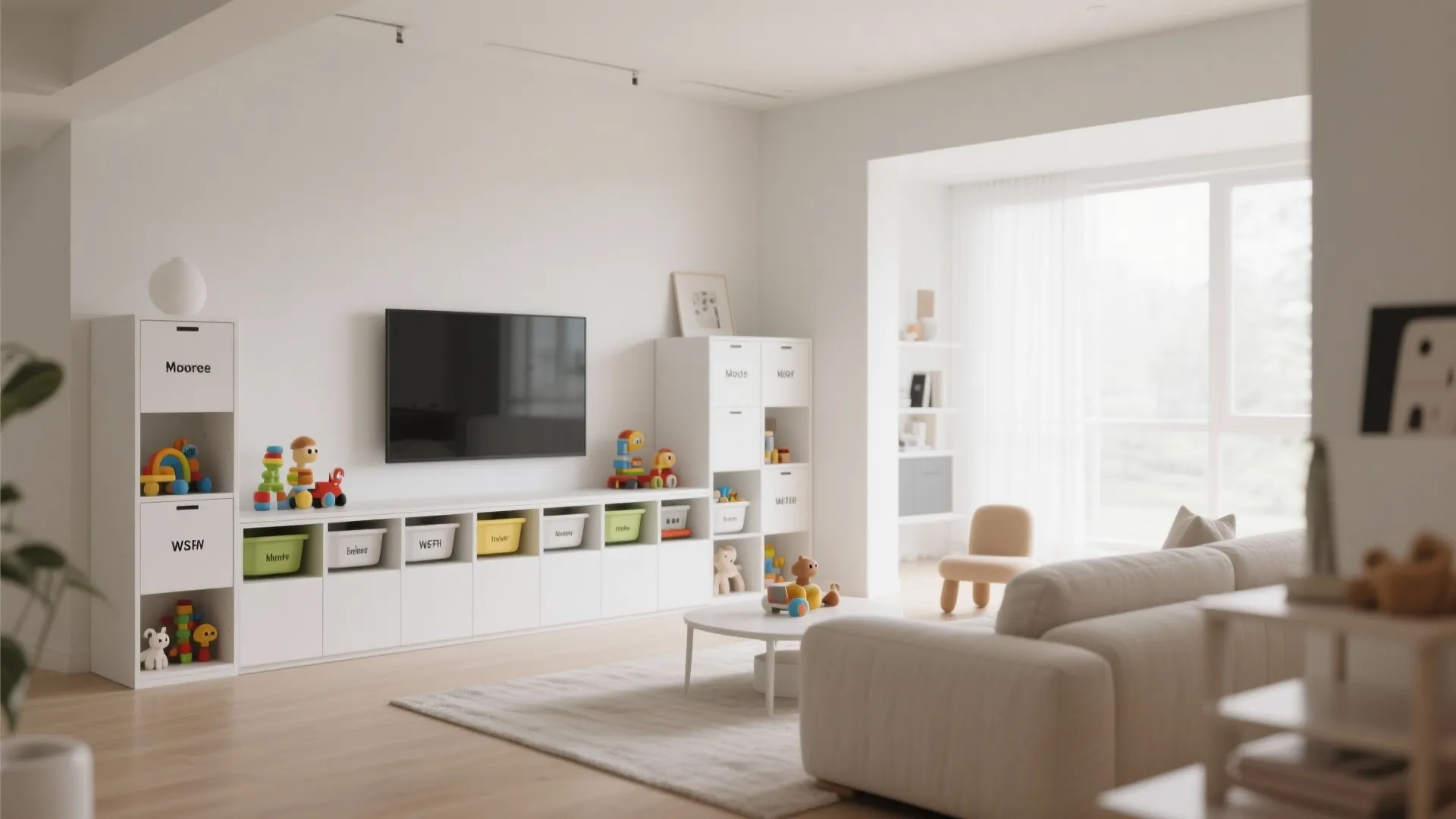 White storage cabinets with toy labels in a modern living room