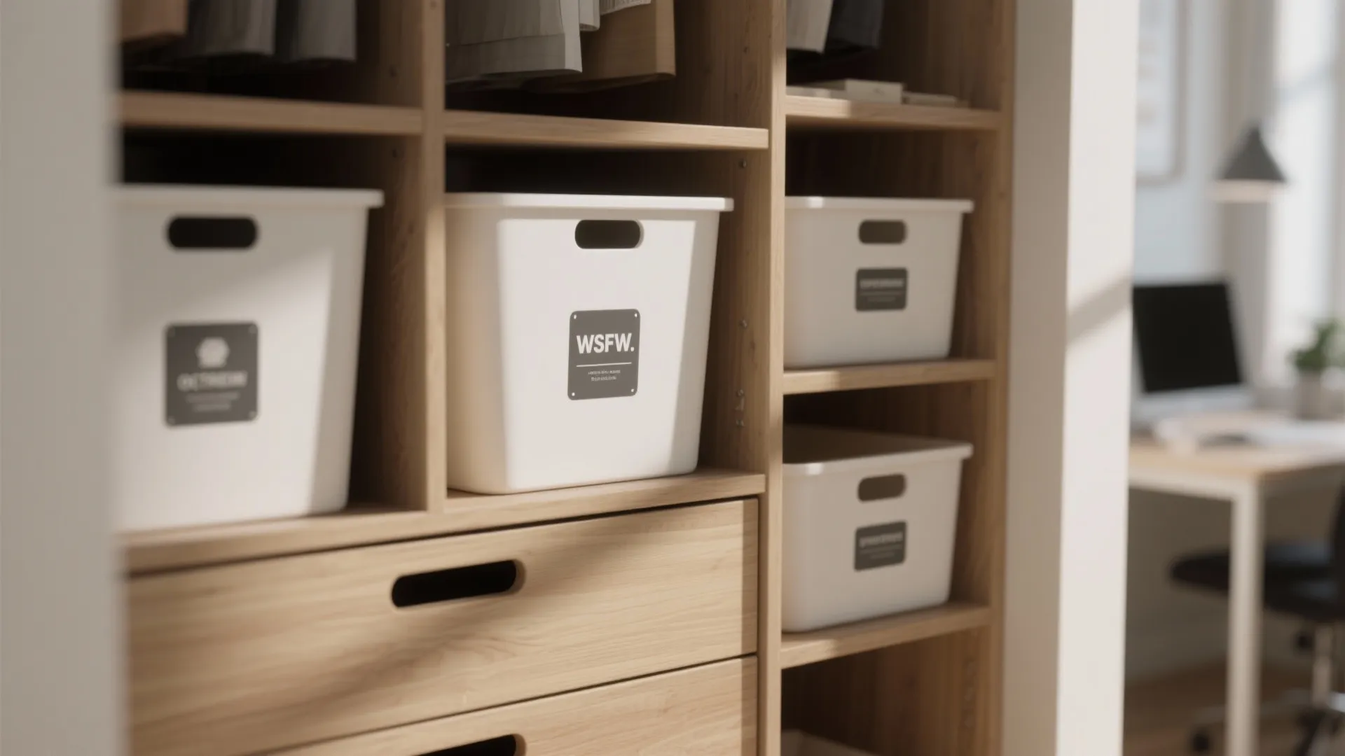 Wooden closet with white labeled storage bins and drawers in a modern home office setting