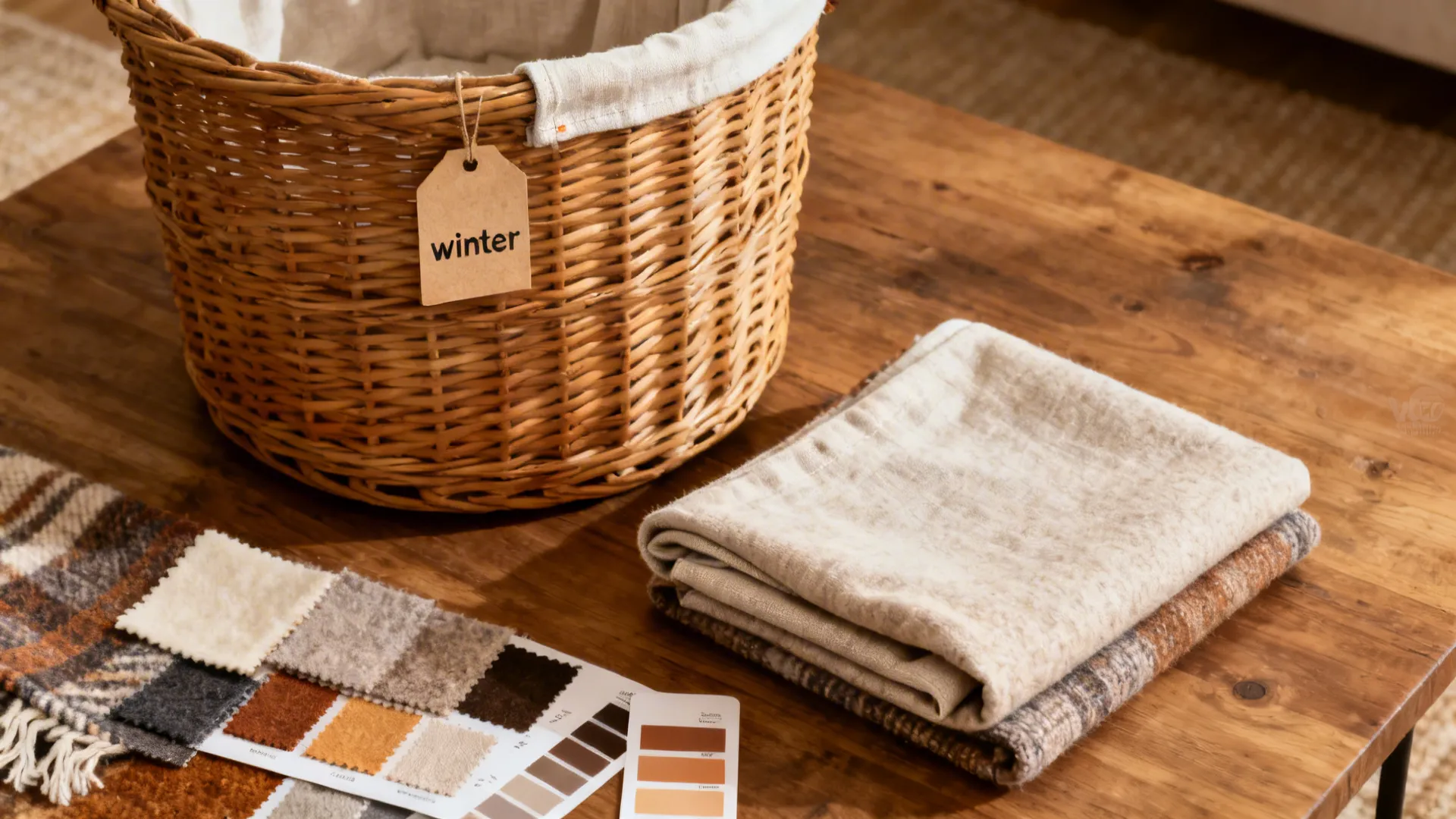 Top-down flatlay of a labeled wicker basket with a cloth liner and fabric swatches for seasonal rotation.