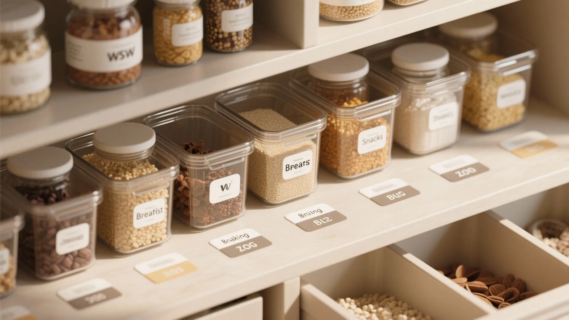Well organized pantry shelves with clear plastic storage containers and labeled jars for kitchen food storage