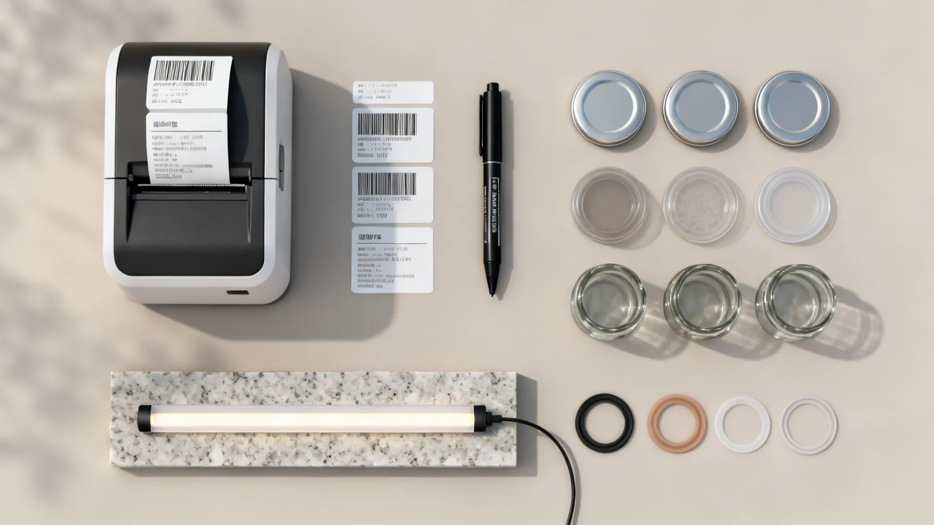 Label printer with printed stickers black pen glass jars and light fixture on beige surface