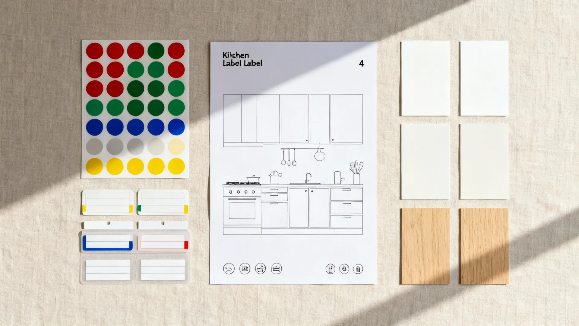 Flat lay of color-coded dots, removable labels, drawer dividers, and a simple kitchen map.