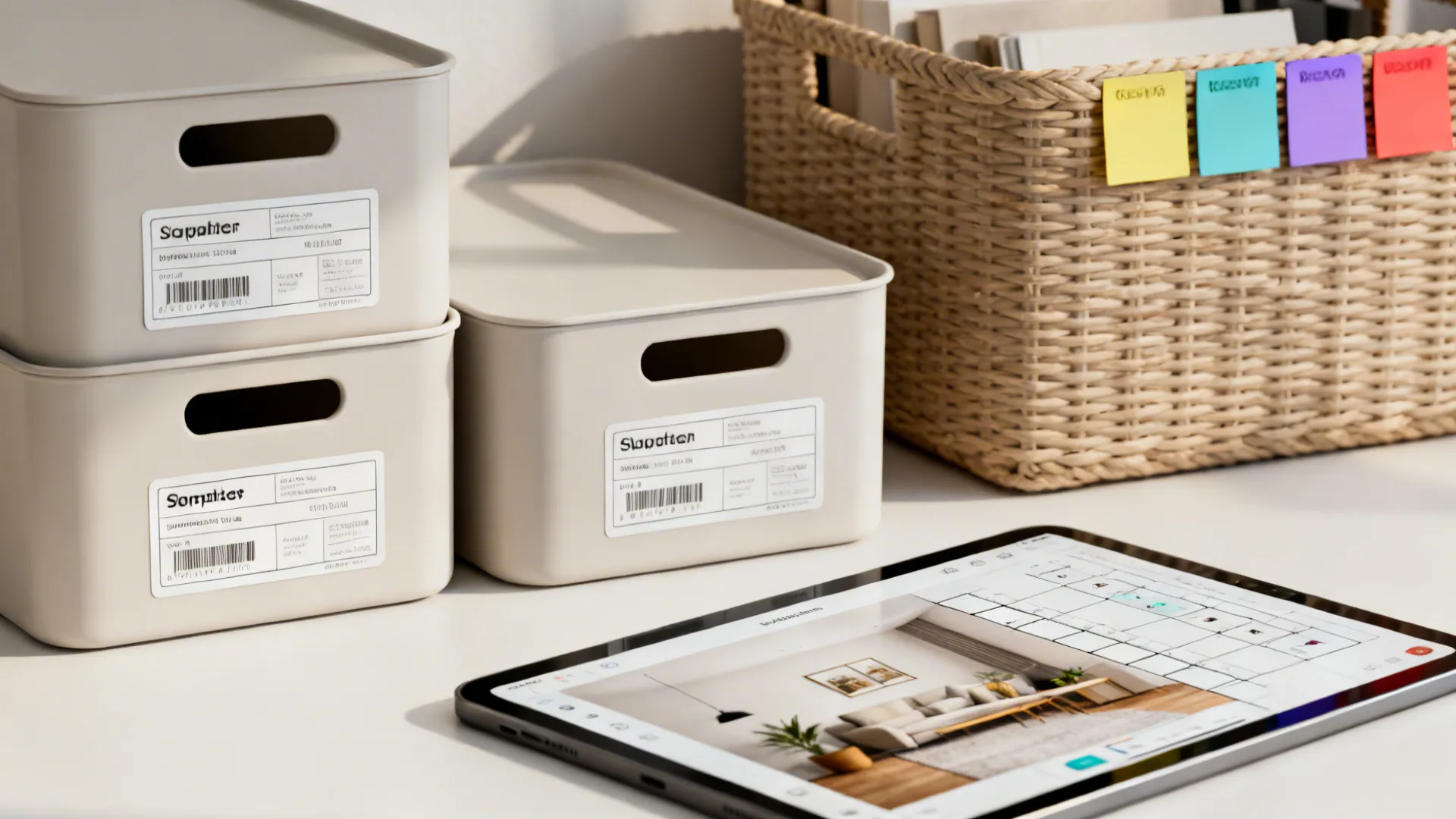 Labeled storage containers and a room planner on a tablet for planning layouts.