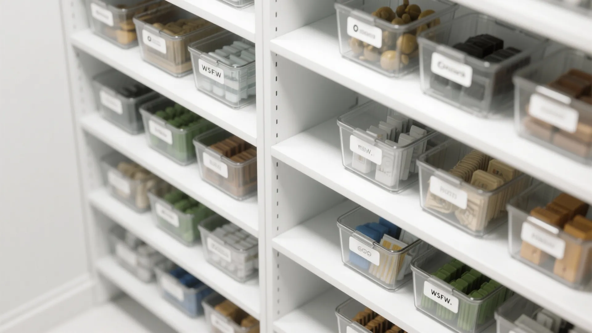 White shelving unit organized with clear plastic storage bins that have small white labels attached