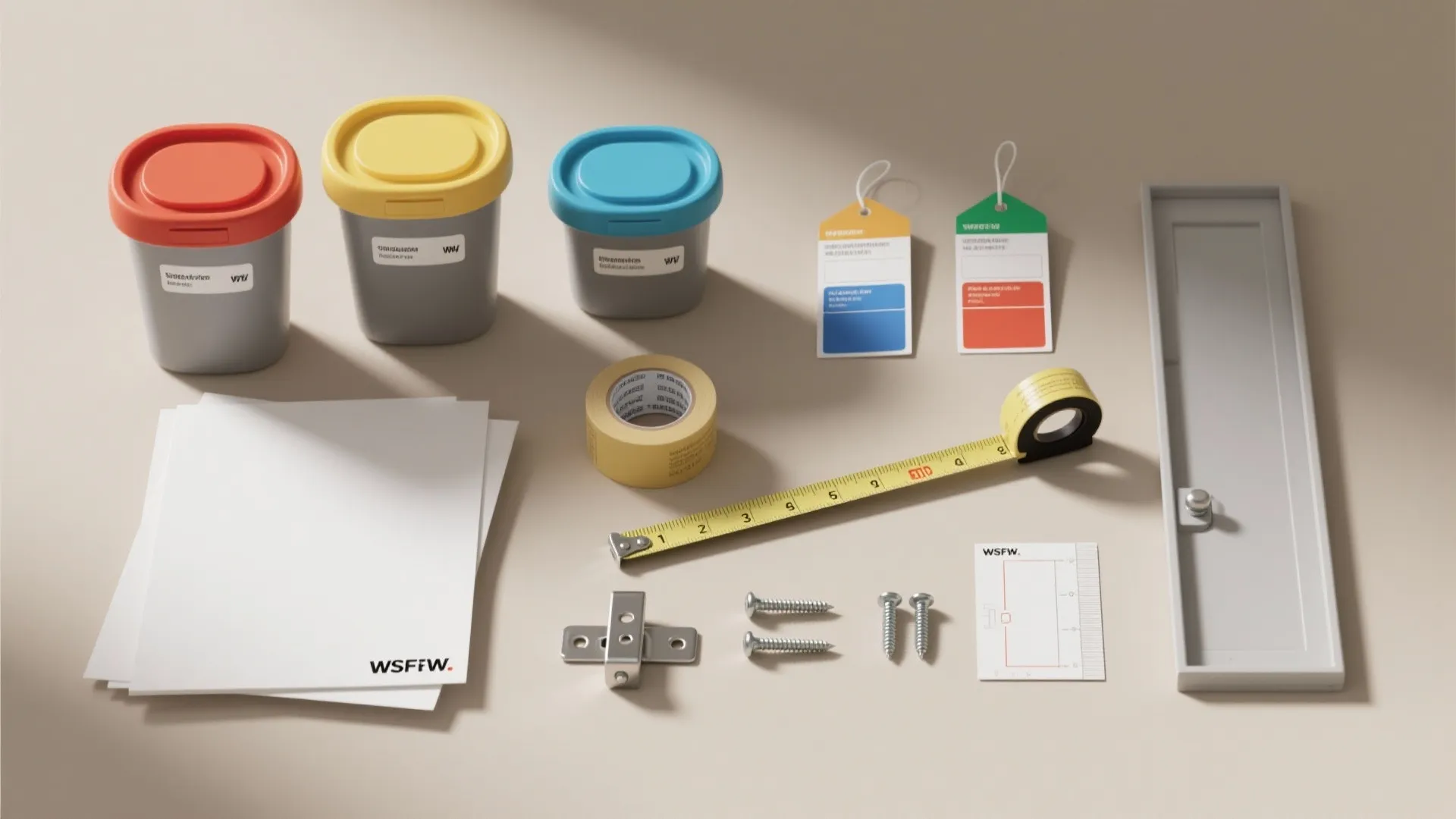 Storage bins with colorful lids along with paper tape measure screws and labels for organization