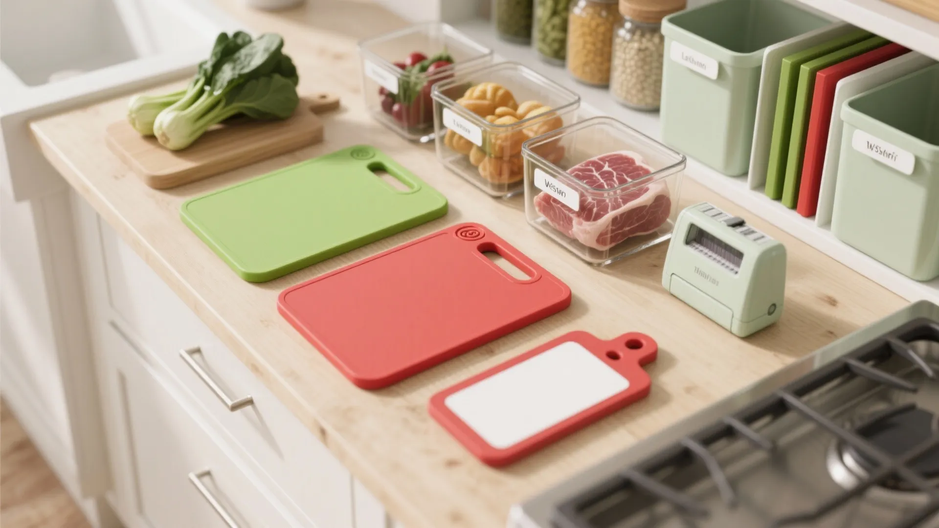 Kitchen counter with colorful cutting boards clear food containers with labels and green storage box bins