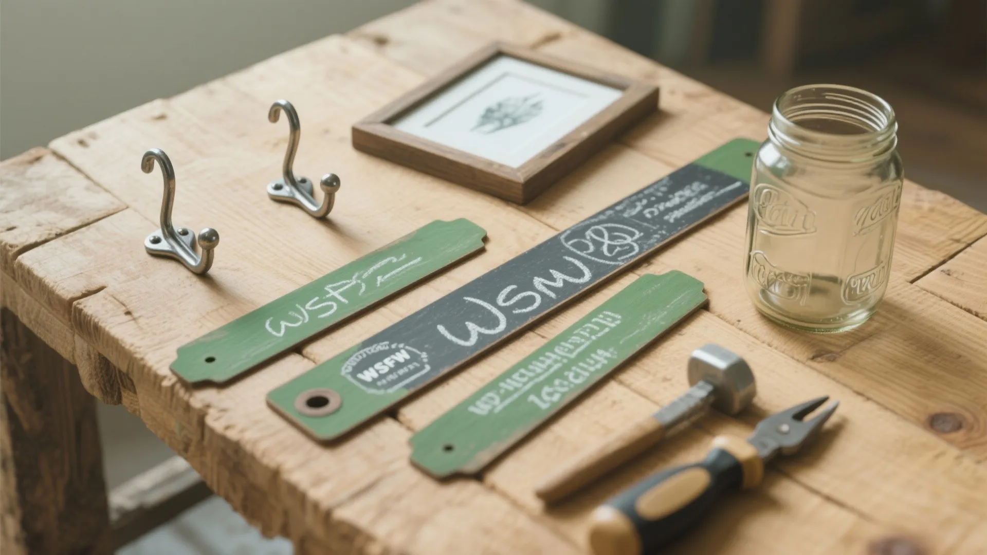 Wooden table with wall hooks, labels, small picture frame, glass jar, hammer, and handheld pliers