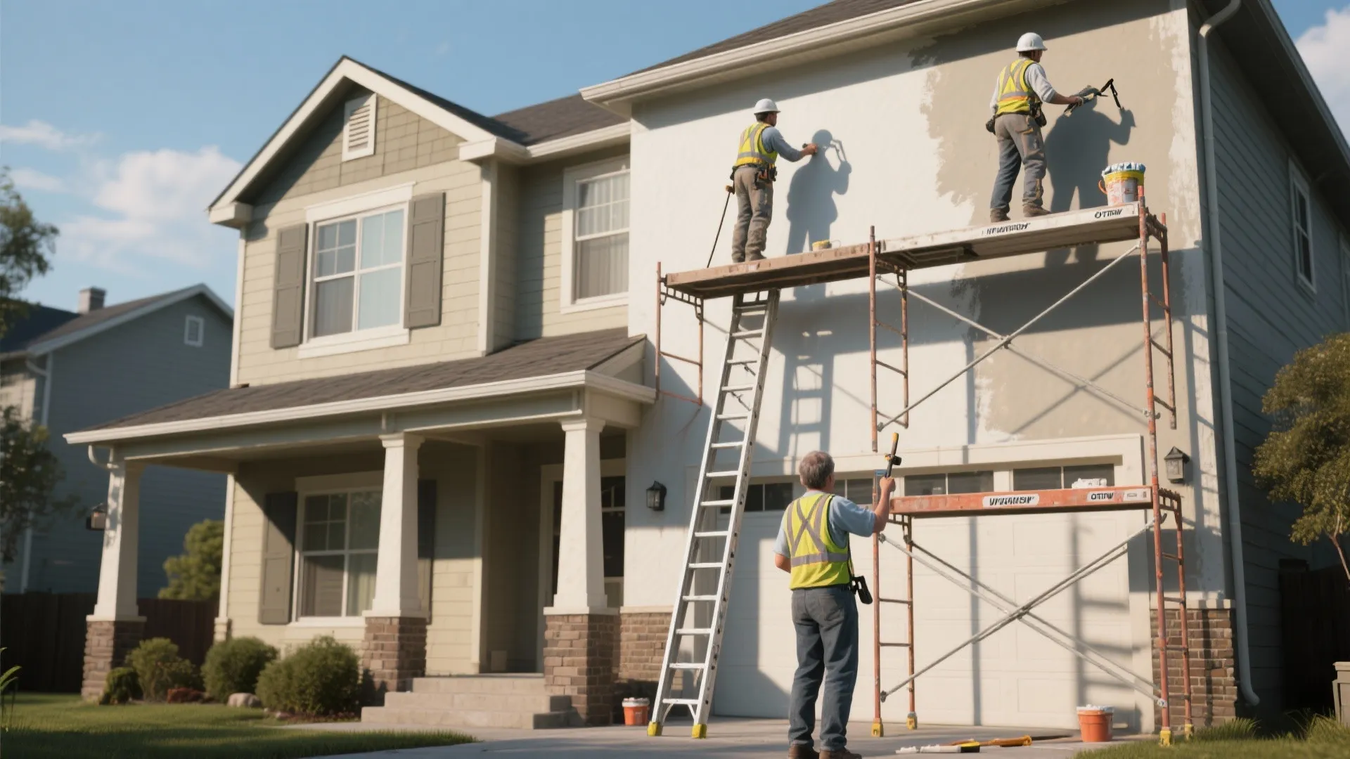 Professional painters in yellow vests painting exterior walls of a suburban house on metal scaffolding