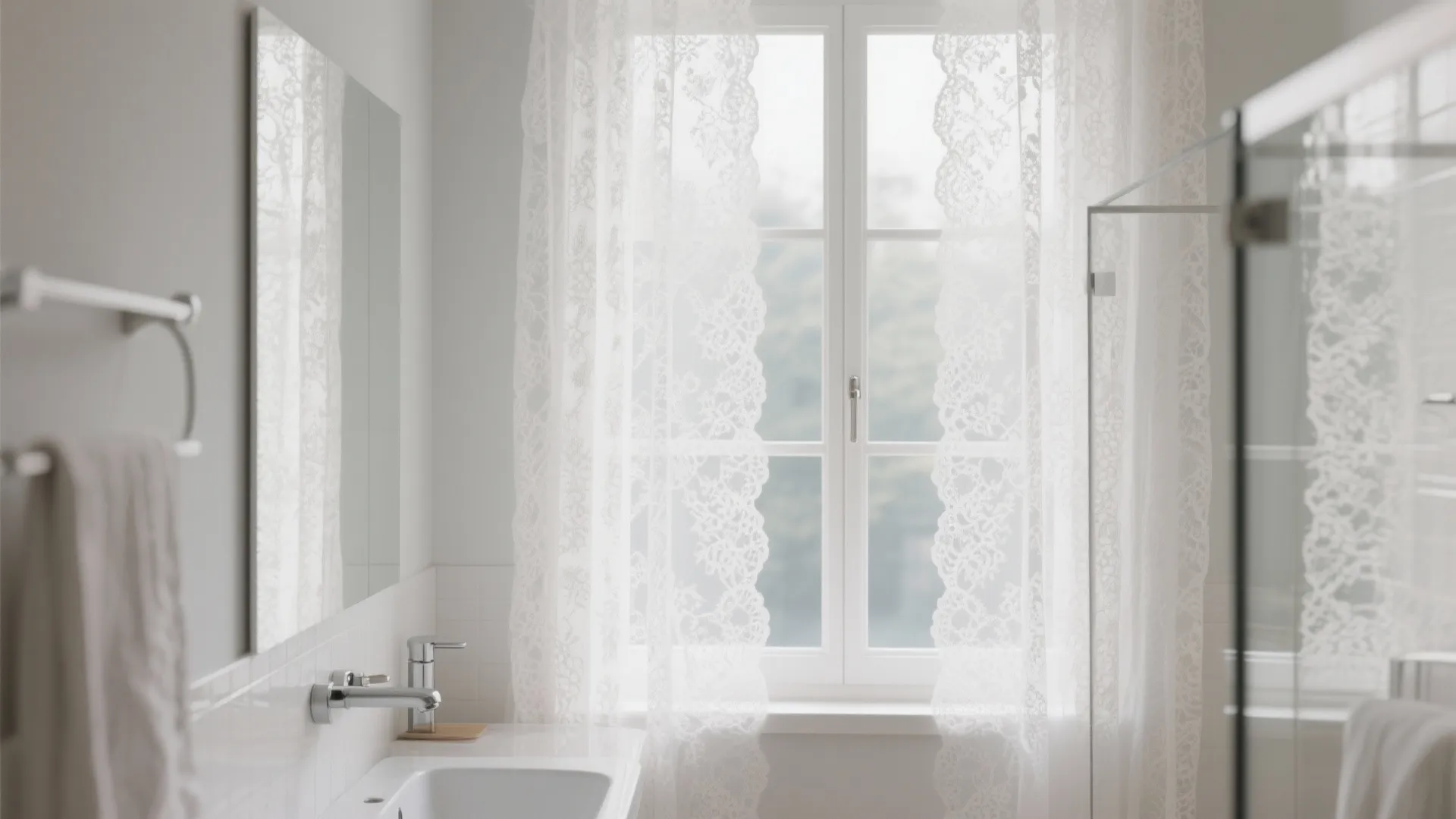 Modern bathroom softened by white lace curtains