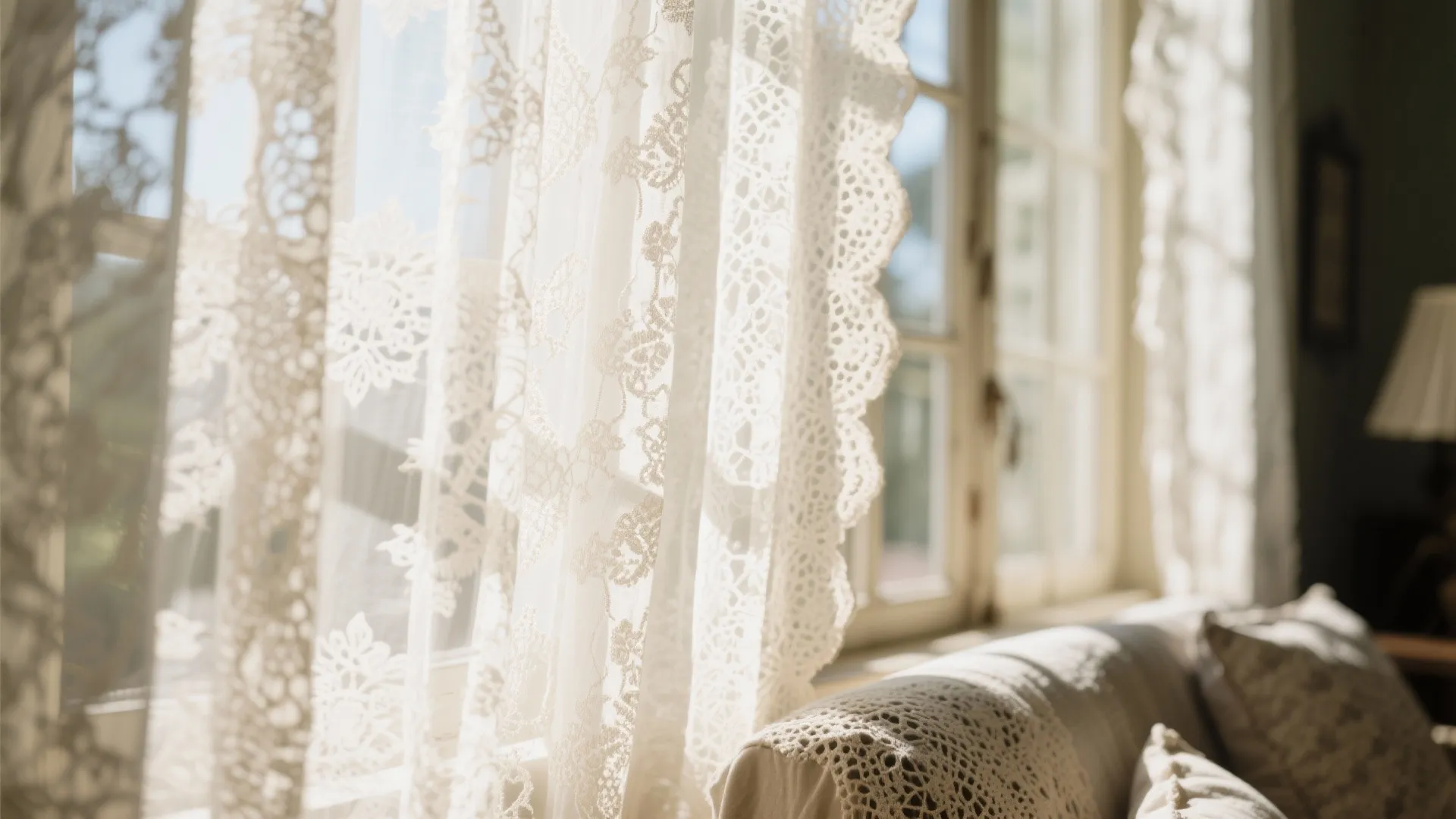 Close-up of lace curtains with sunlight casting patterns in a shabby chic interior