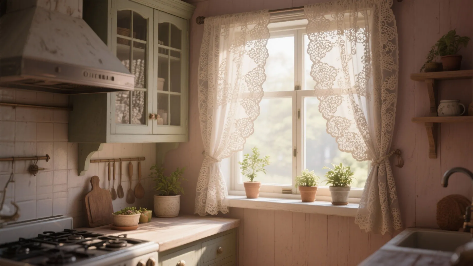 Cozy kitchen window with white lace curtain green cabinets wooden counter and small potted green plants