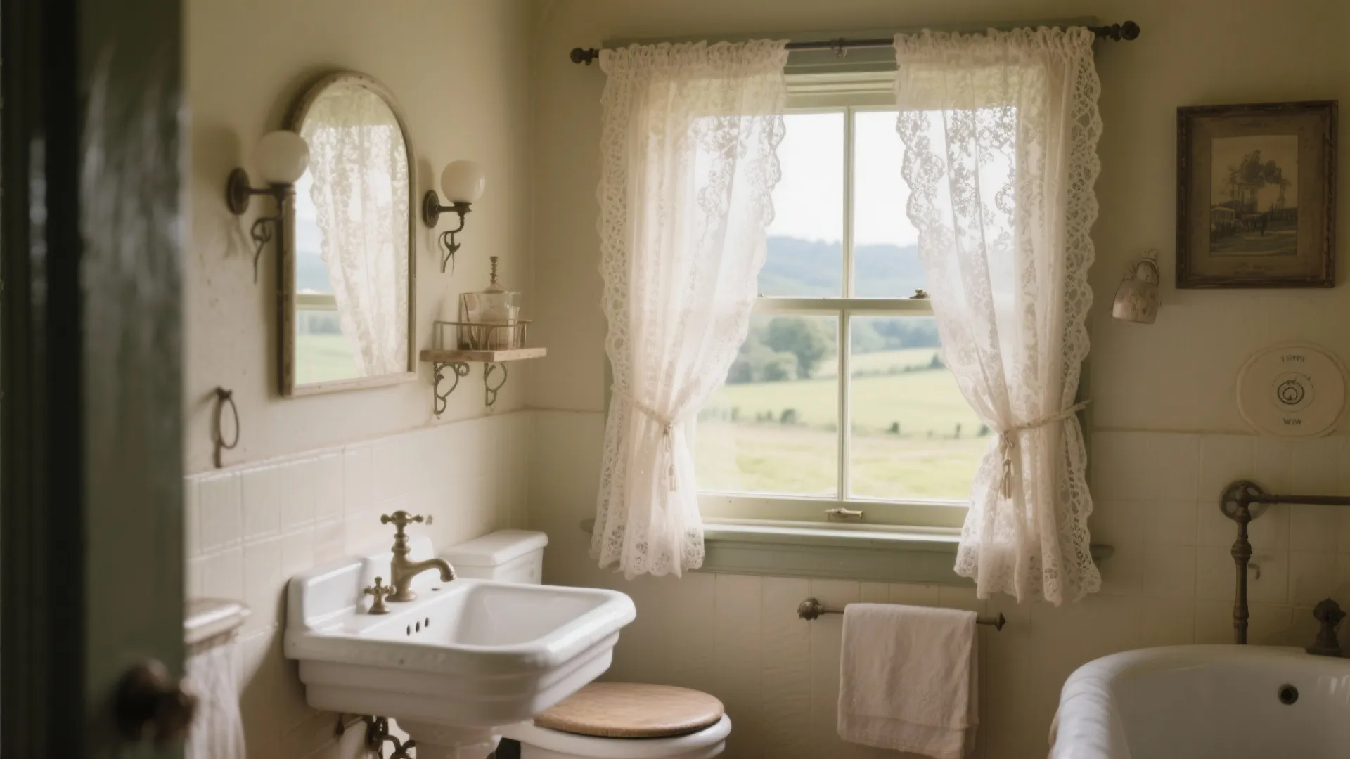 Countryside bathroom with lace panel curtains