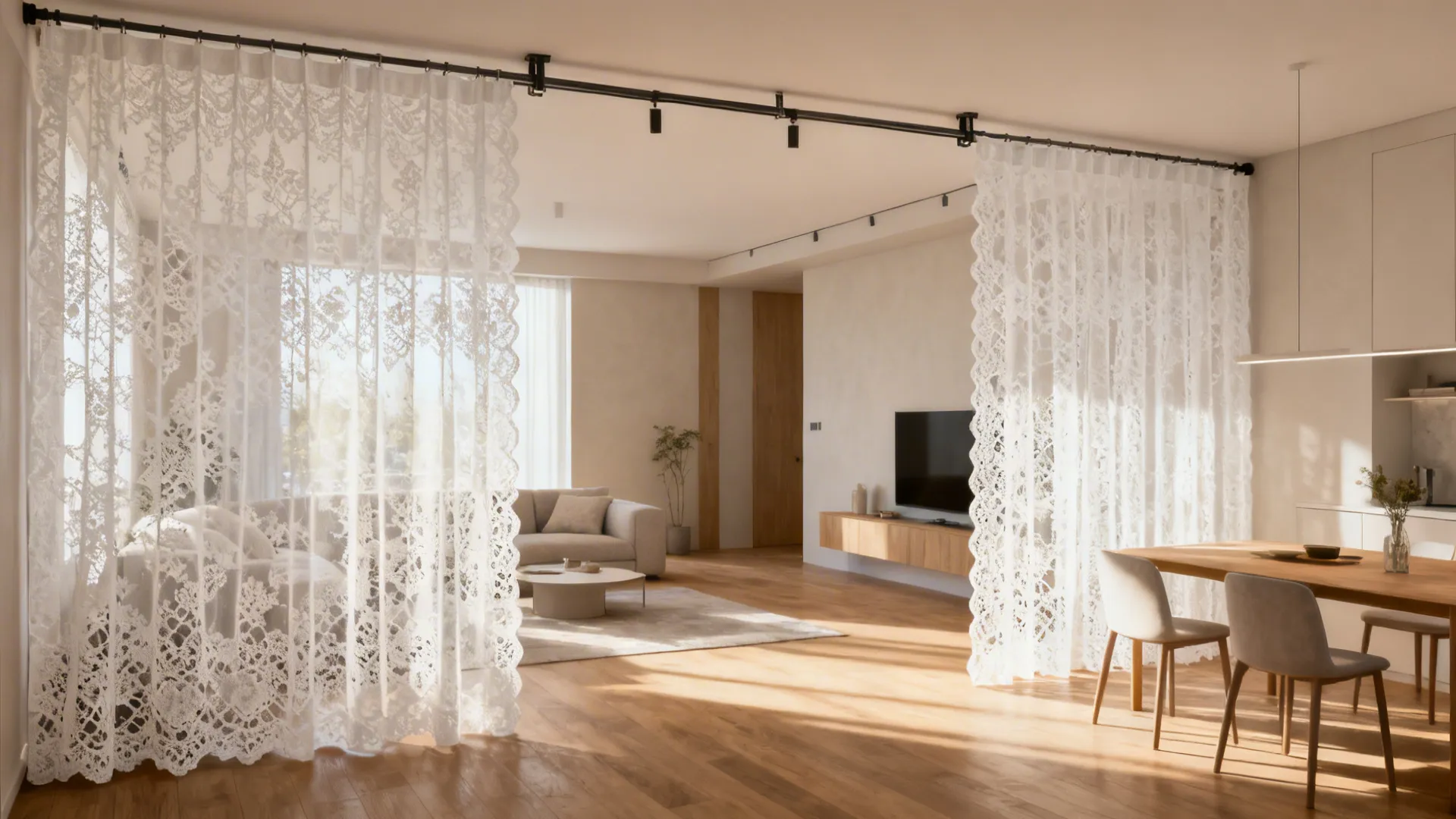 Open-plan studio with ceiling-mounted white lace panels dividing living and dining areas.