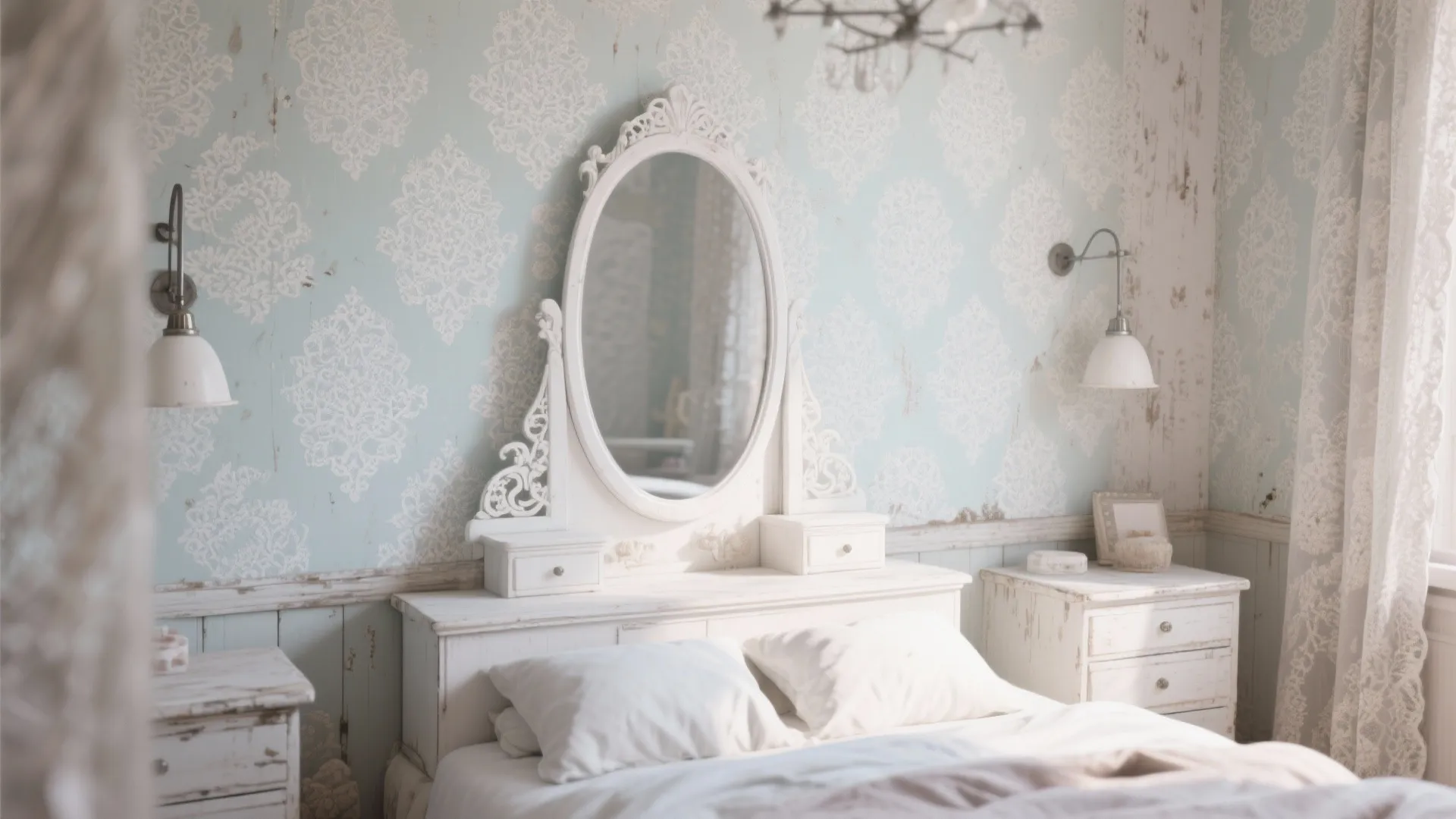 Shabby chic bedroom with blue pattern wallpaper, white bed, oval mirror, and two wall lights