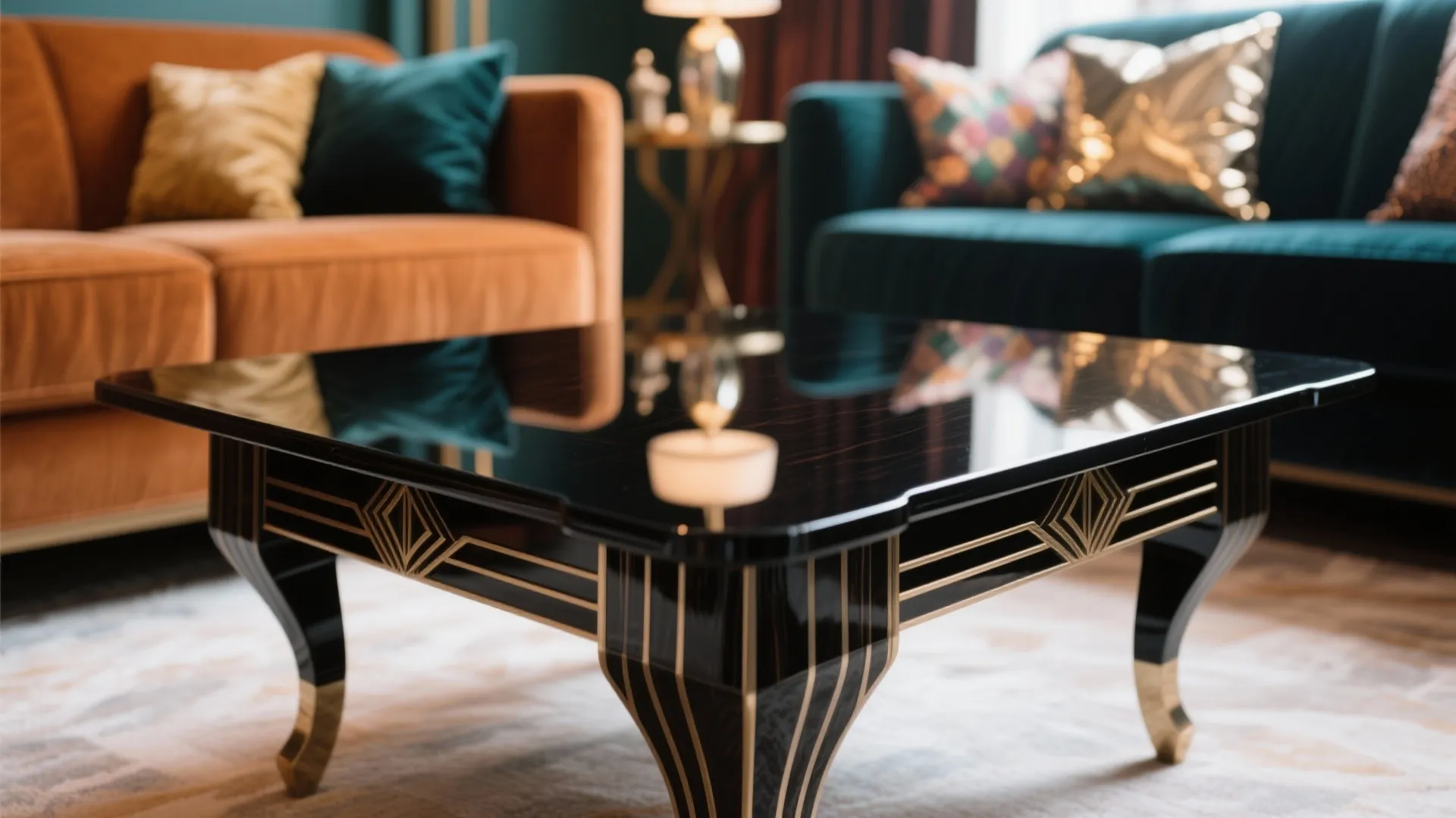 Black shiny coffee table with gold patterns between orange and teal sofas on a rug