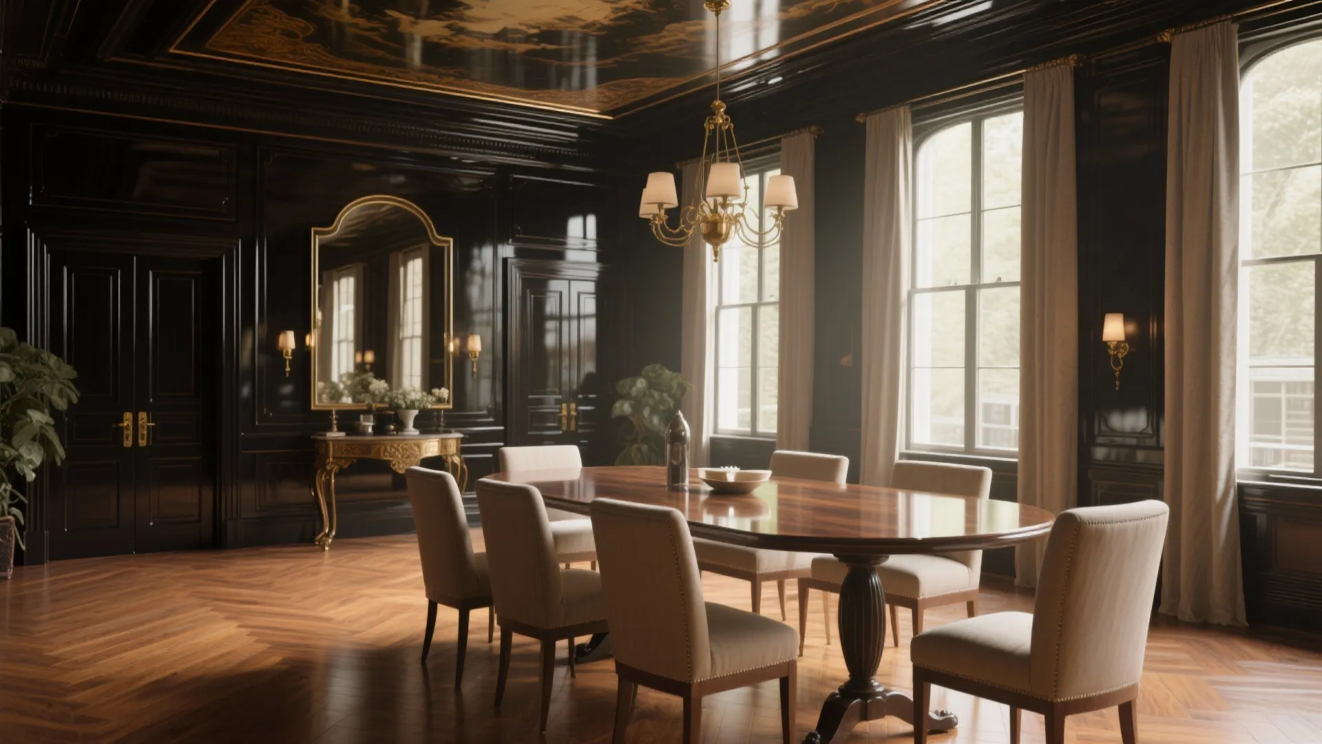 Elegant dining room with black walls wooden table chairs ceiling light and windows with curtains