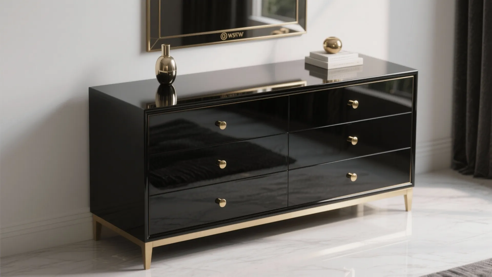3. Black lacquer dresser with brass accents
