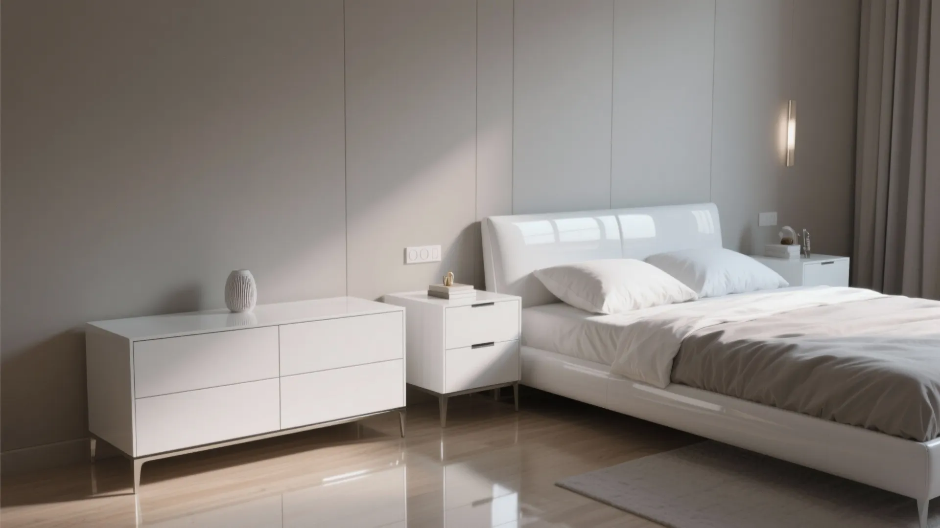 3. Sleek Lacquer Furniture with Matte Wall Contrast