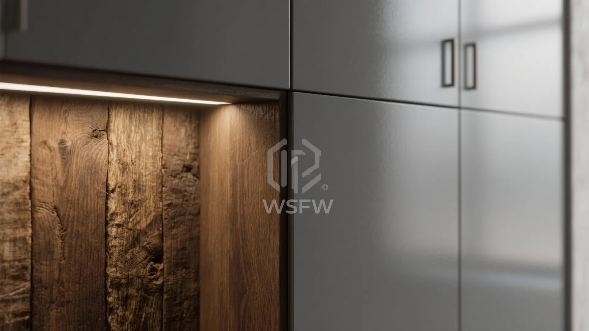 5. Mixed Materials: Gray Lacquer + Brown Reclaimed Wood