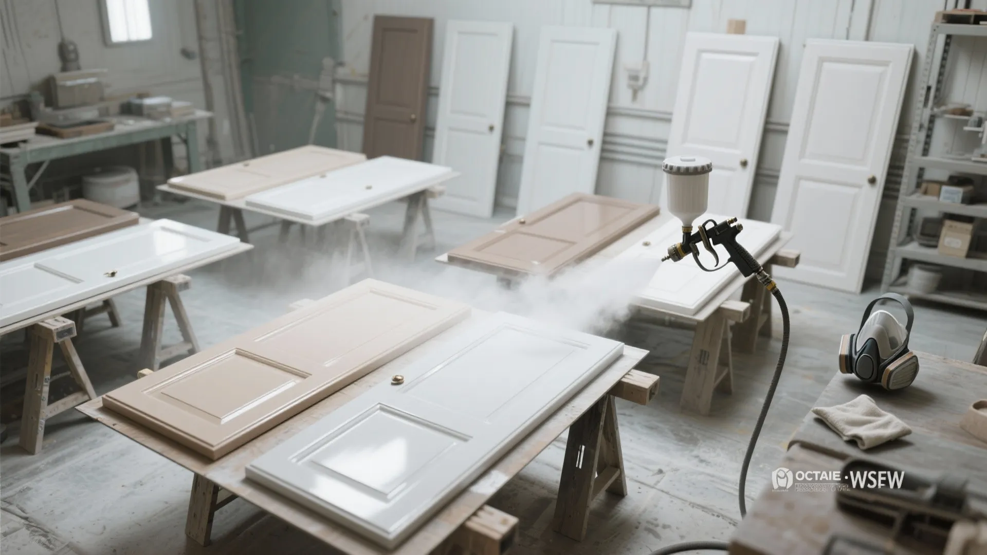 A spray gun tool painting white cabinet doors in a workshop with several other wooden doors