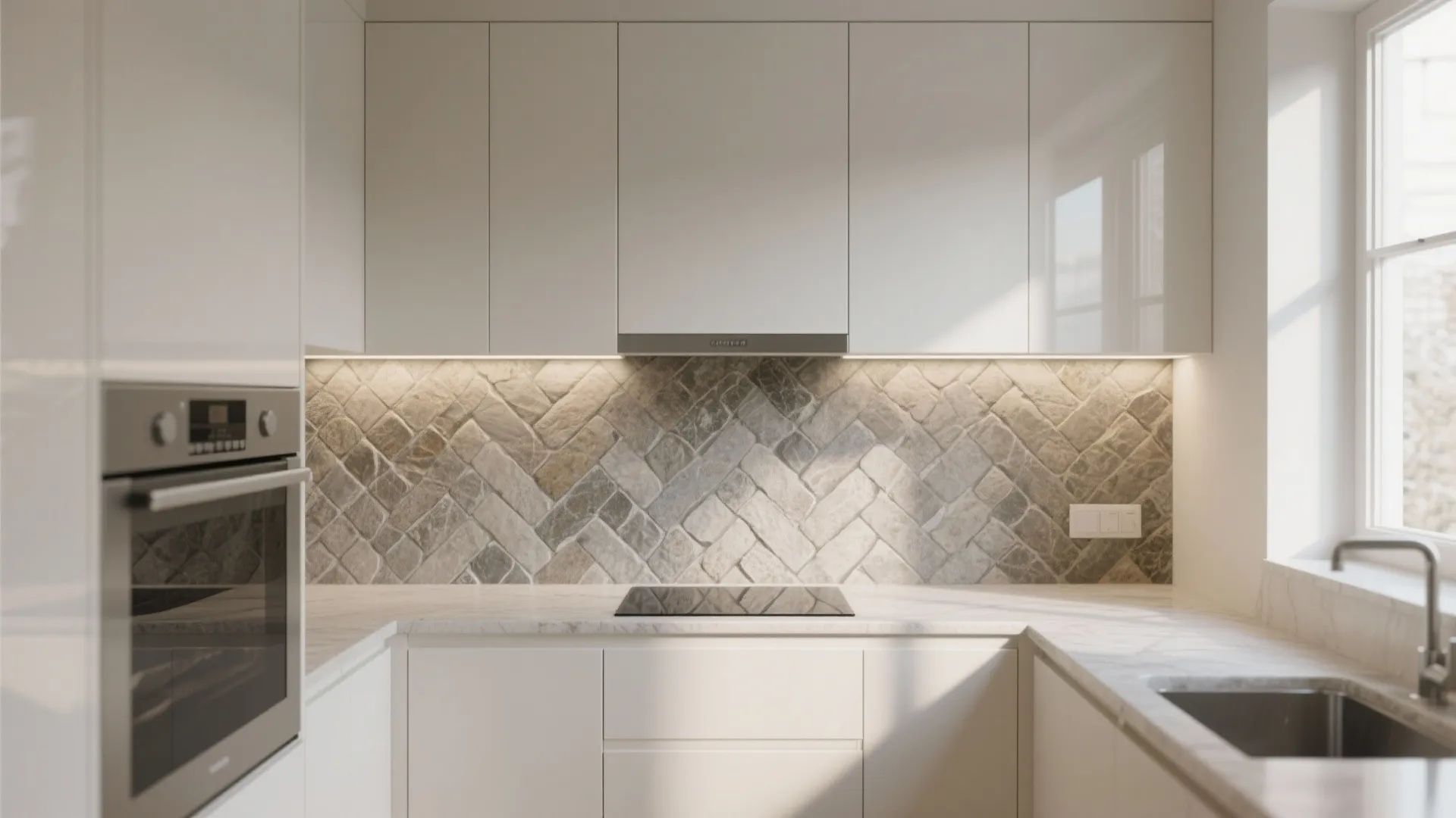 5. Mixed textures: off-white lacquer and stone backsplash
