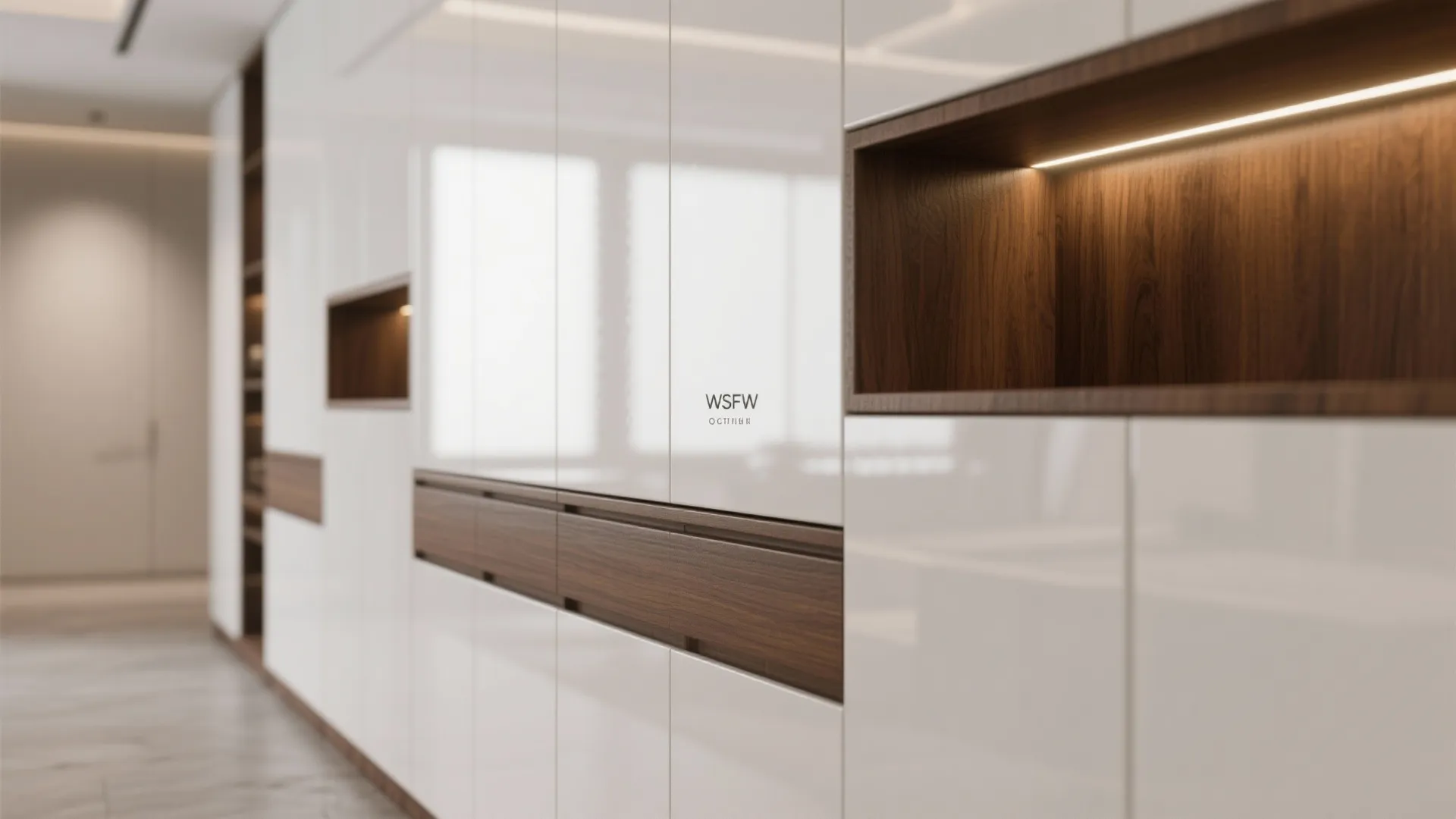 White lacquer cabinets with walnut plinths and jambs emphasizing modern shine and warmth