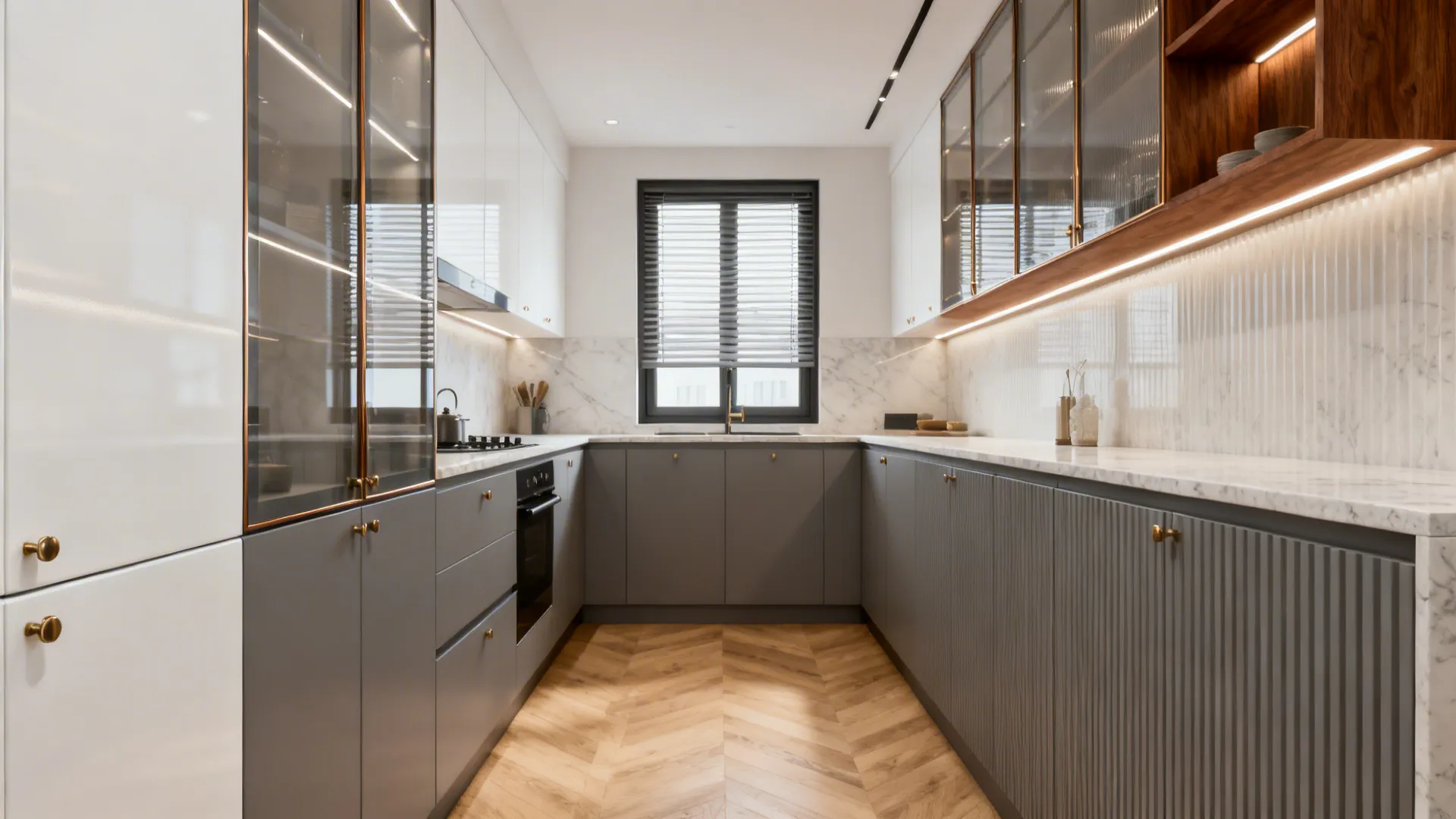 Modern kitchen with grey cabinets wood flooring marble counters and glass door wall storage units