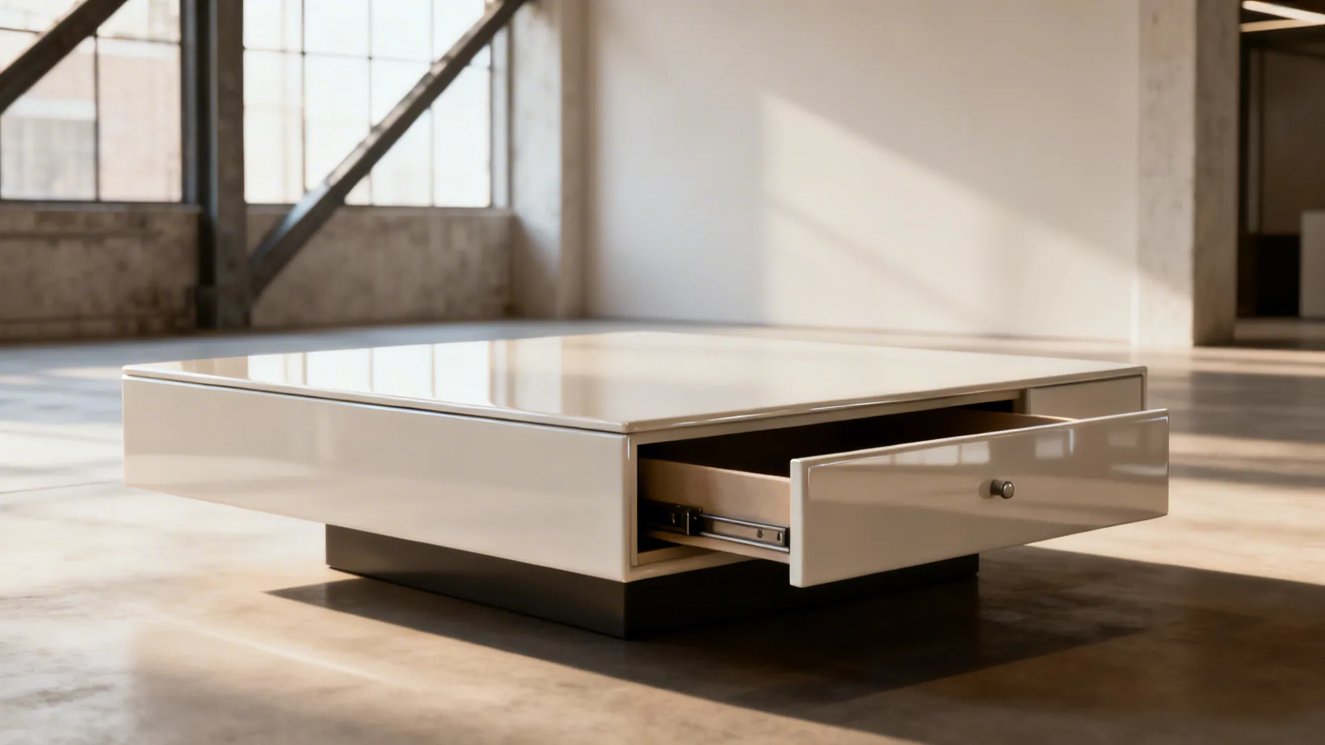 Minimalist lacquered coffee table with a hidden drawer in a modern loft setting.