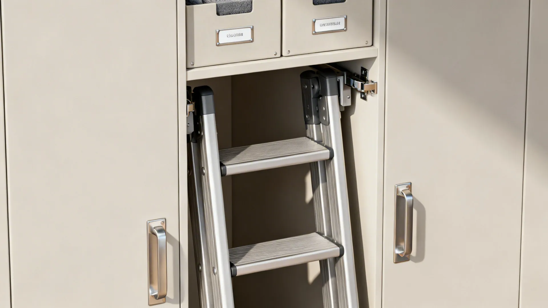 Ceiling-High Cabinets with a Hidden Ladder Bay