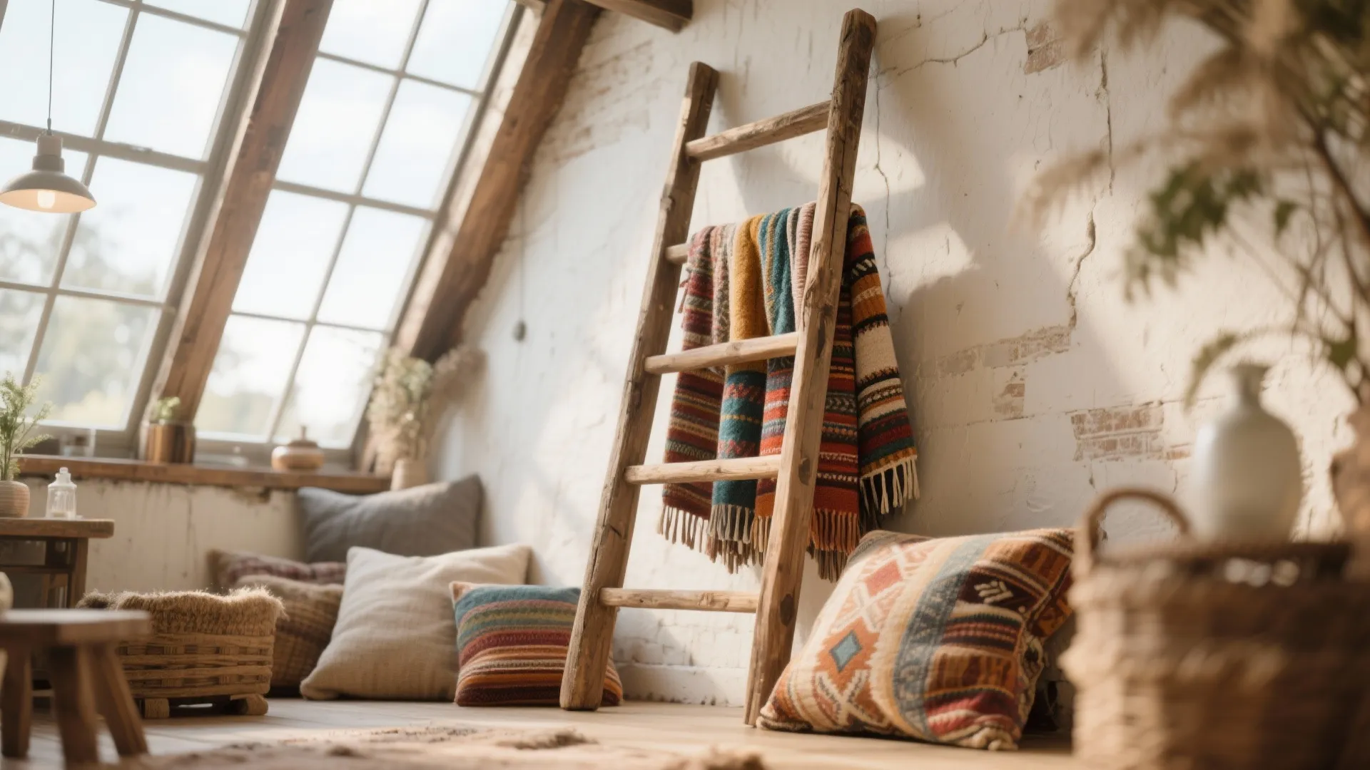 Rustic wooden ladder holding colorful blankets leaning against a white brick wall in attic room