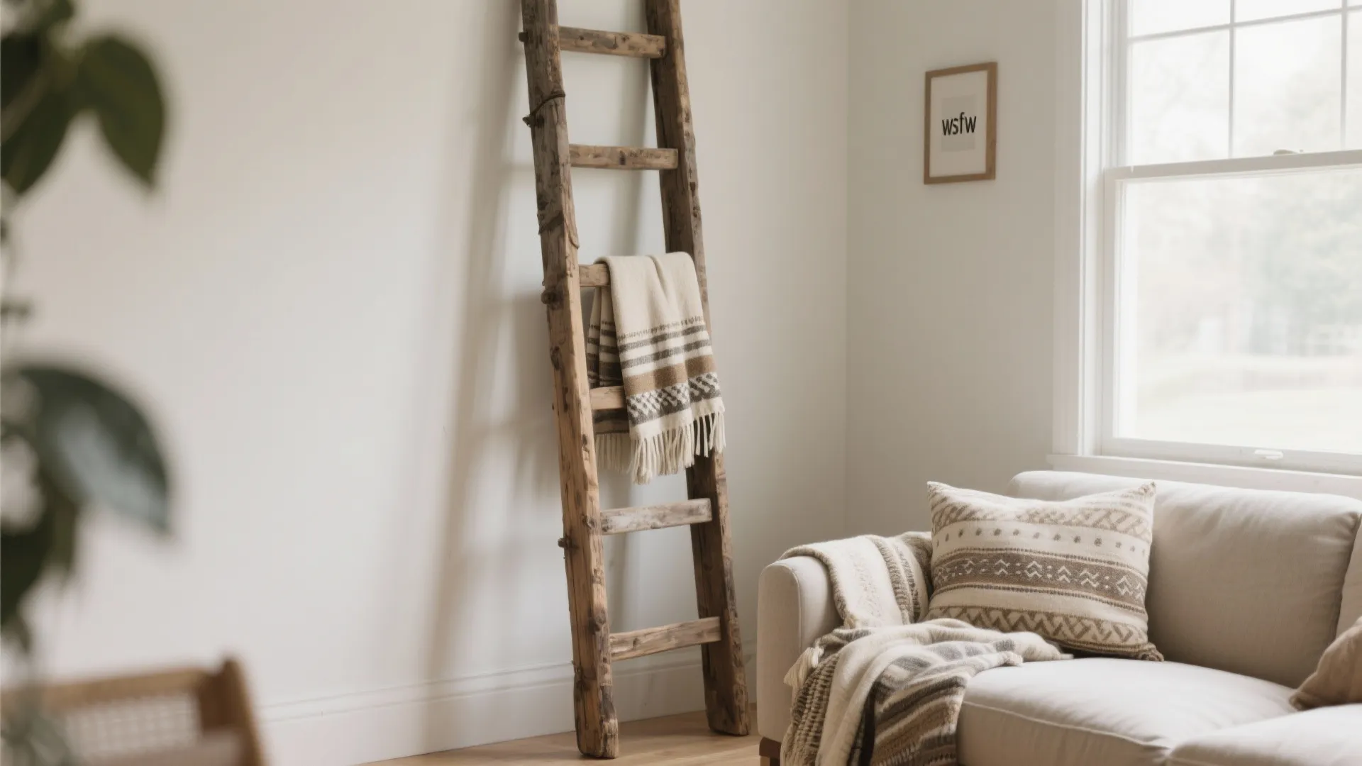 Wooden ladder leaning on wall holding decorative blankets