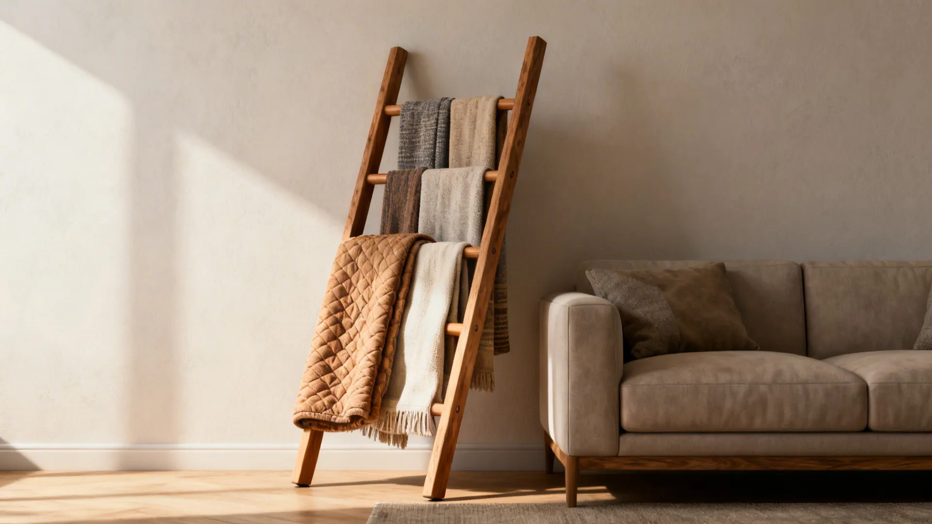 Angled wooden ladder blanket rack with assorted throws draped over rungs next to a sofa.