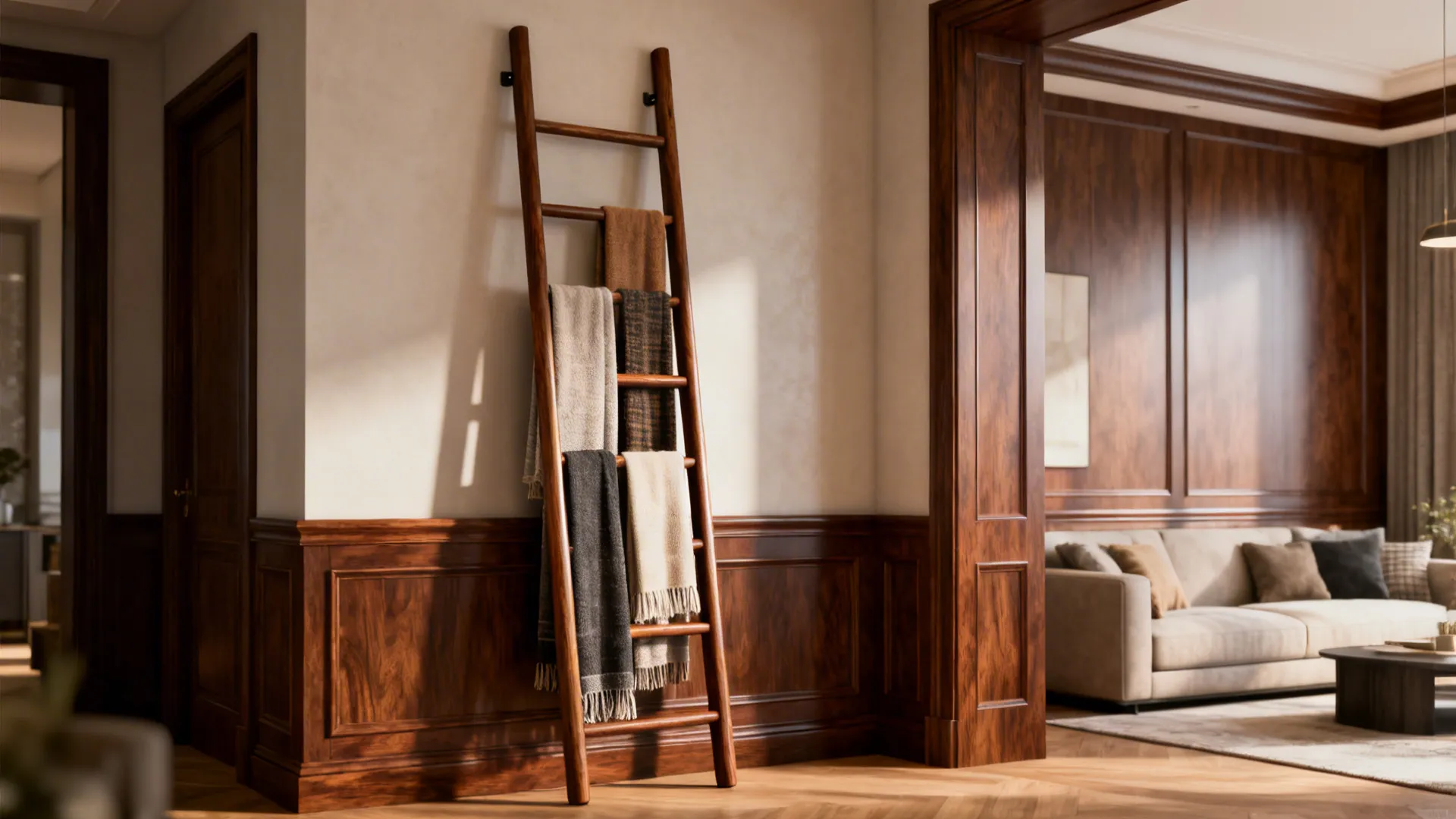 Slim wooden ladder mounted on a living room wall with long throws draped over its rungs.