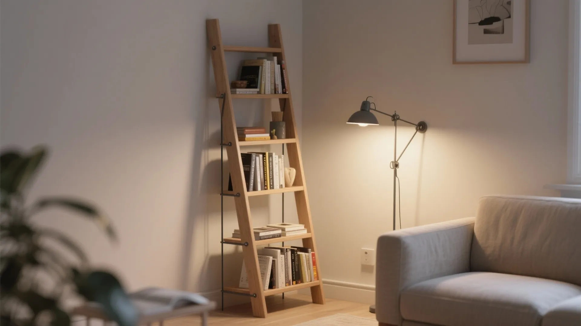 Wooden ladder bookshelf with books leaning against a wall next to a lamp and sofa