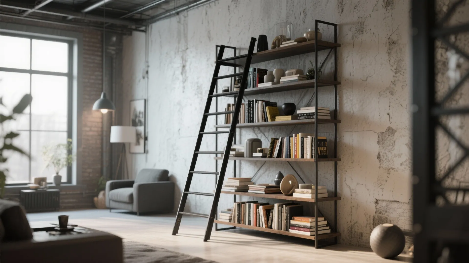 Black metal ladder-style bookcase with books in a modern loft
