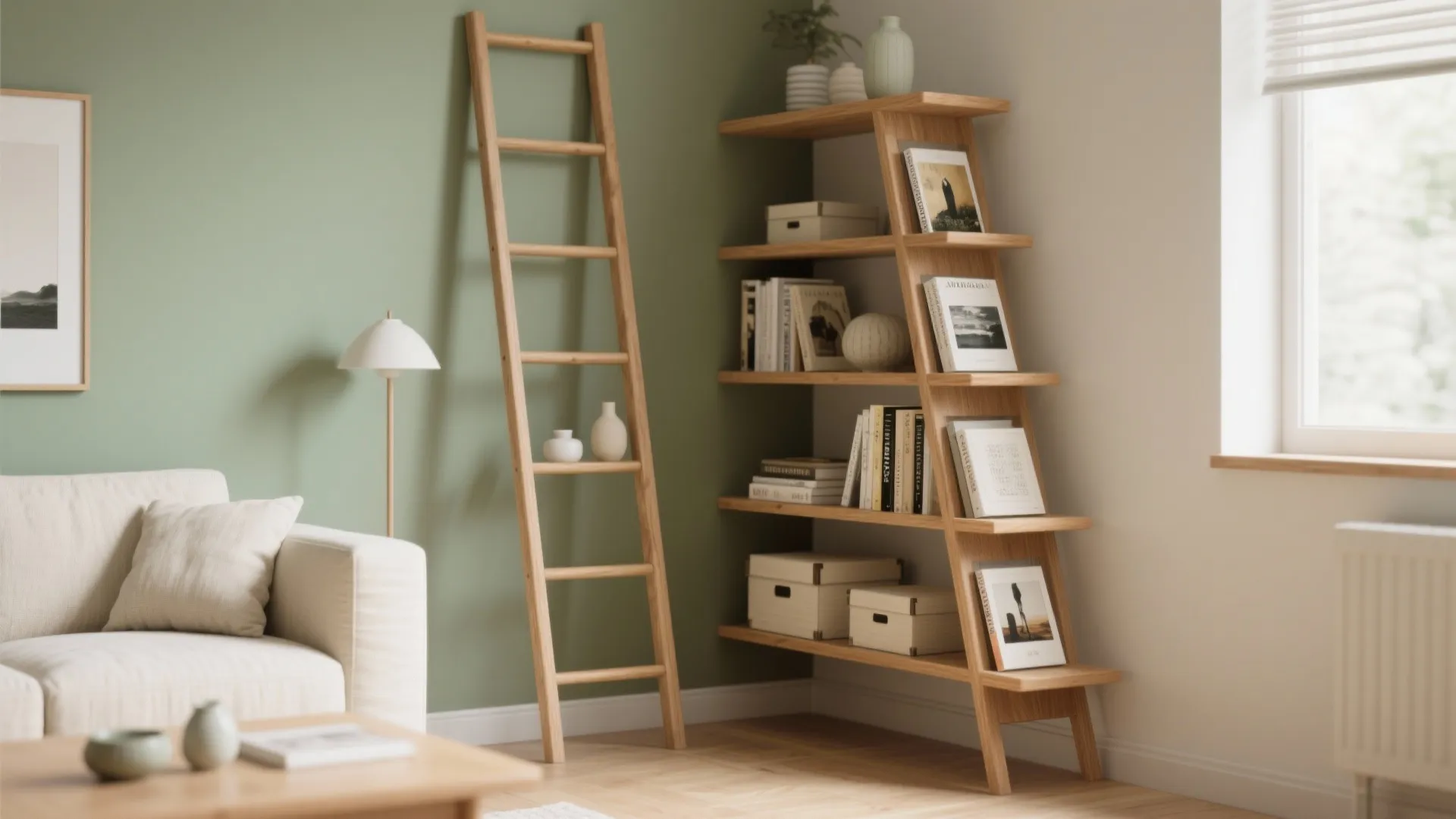 Leaning “Ladder” Corner Shelf for Vertical Rhythm