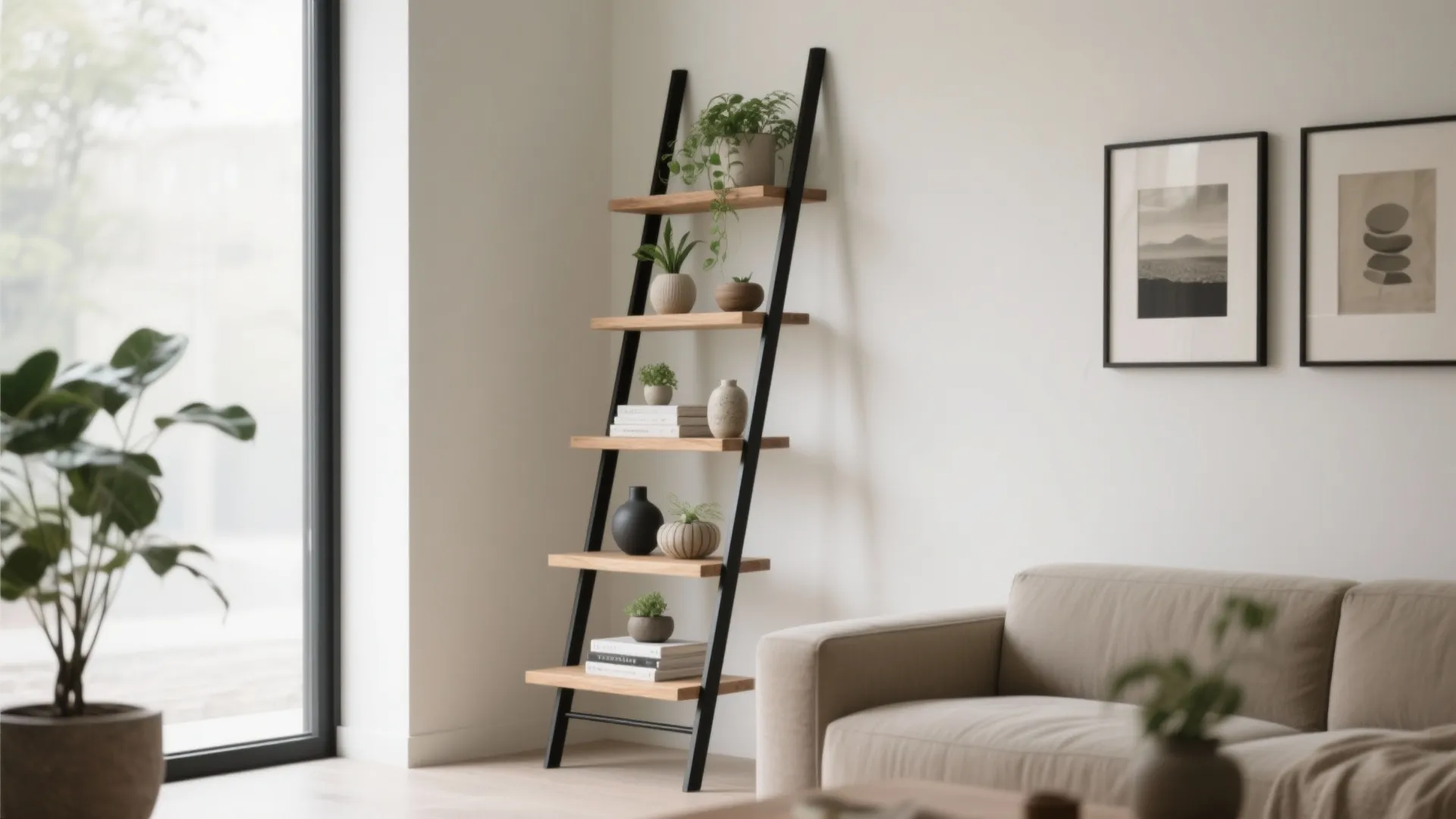 Modern living room corner featuring wooden ladder shelf with green plants beside a beige sofa