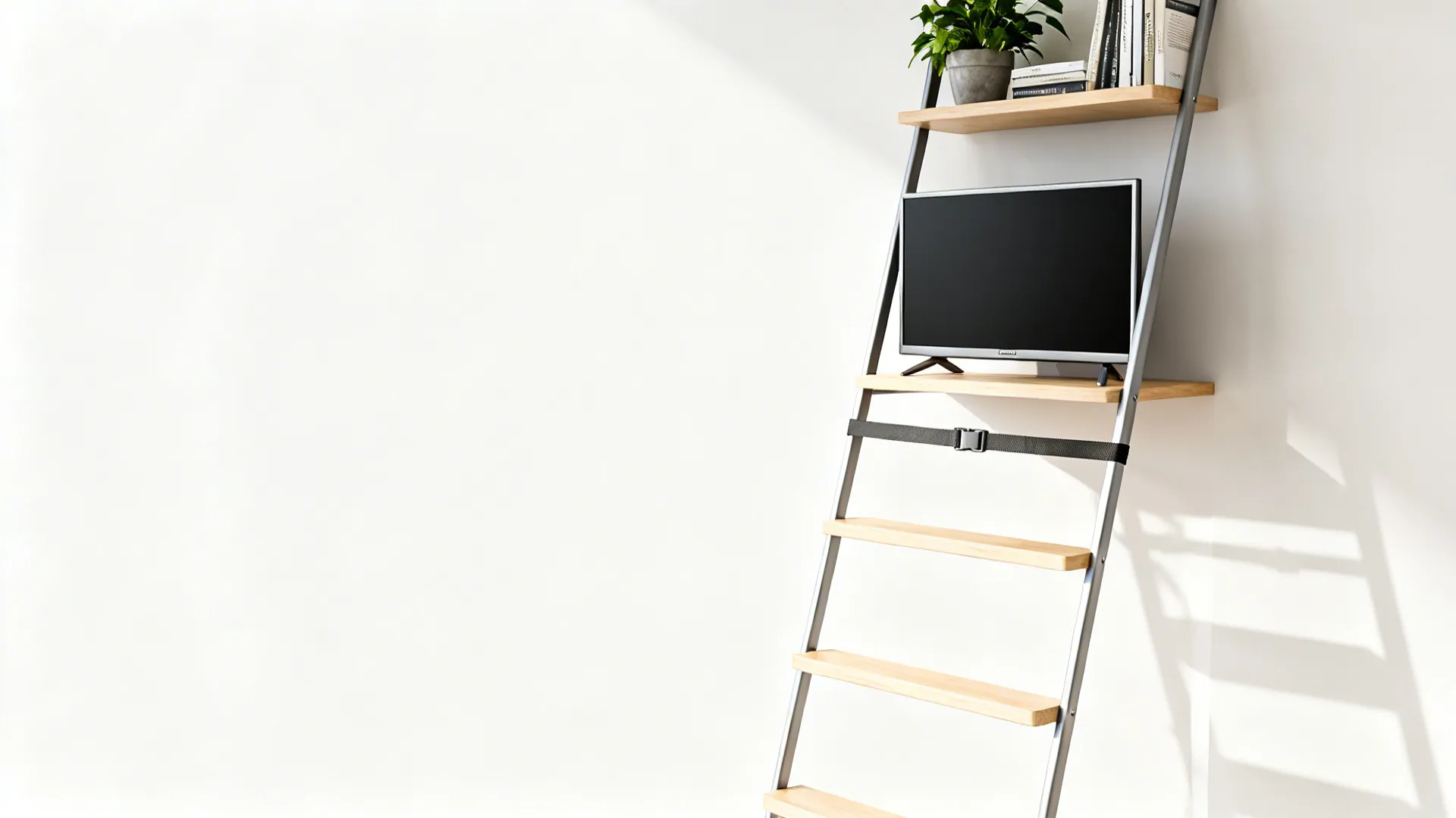 Ladder-style leaning corner rack supporting a small TV with plants and books, showing anti-tip strap