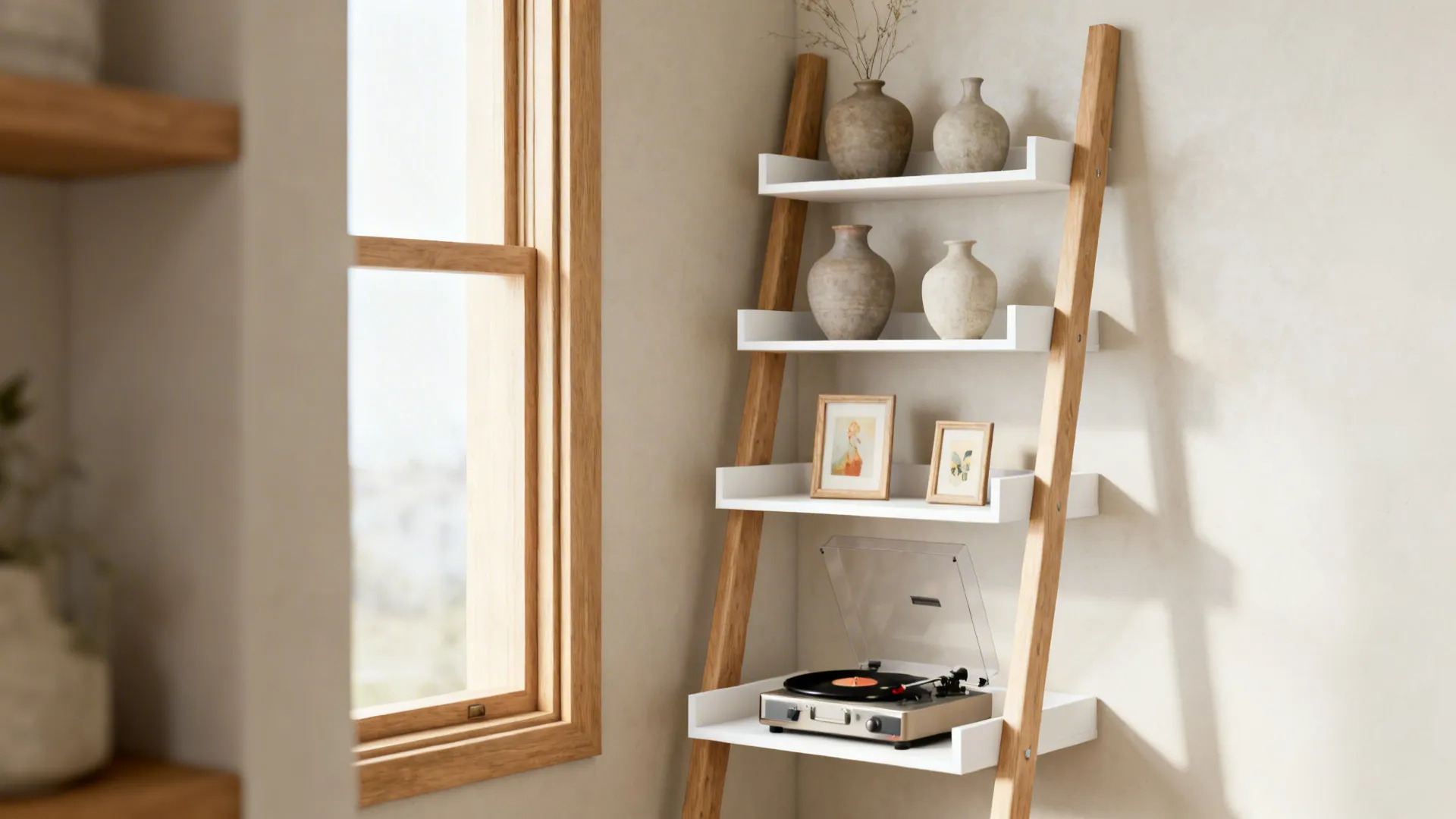Casual ladder-style corner shelf with layered decor and a turntable