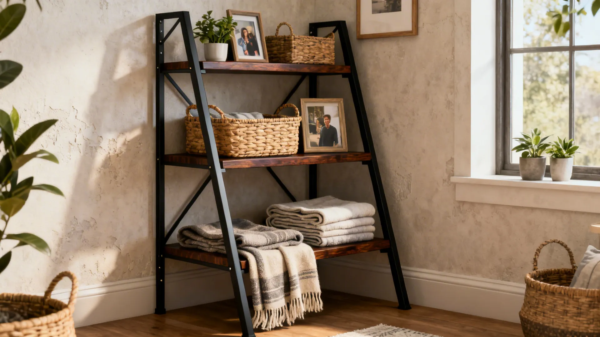 Leaning ladder-style corner shelf with baskets, throws and framed photos.